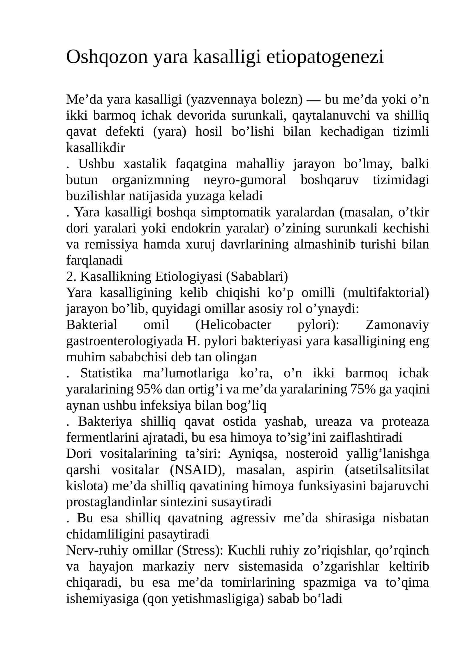 Oshqozon yara kasalligi etiopatogenezi 1