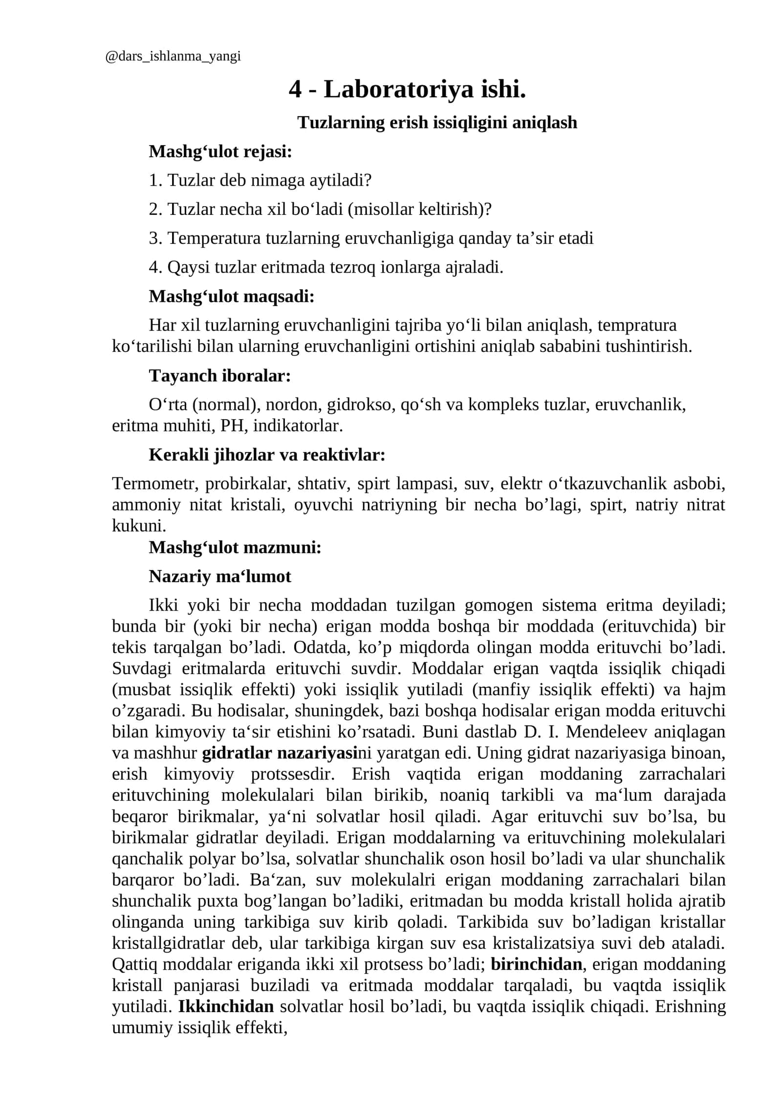 Laboratoriya Ishi - Tuzlarning erish issiqligini aniqlash 1