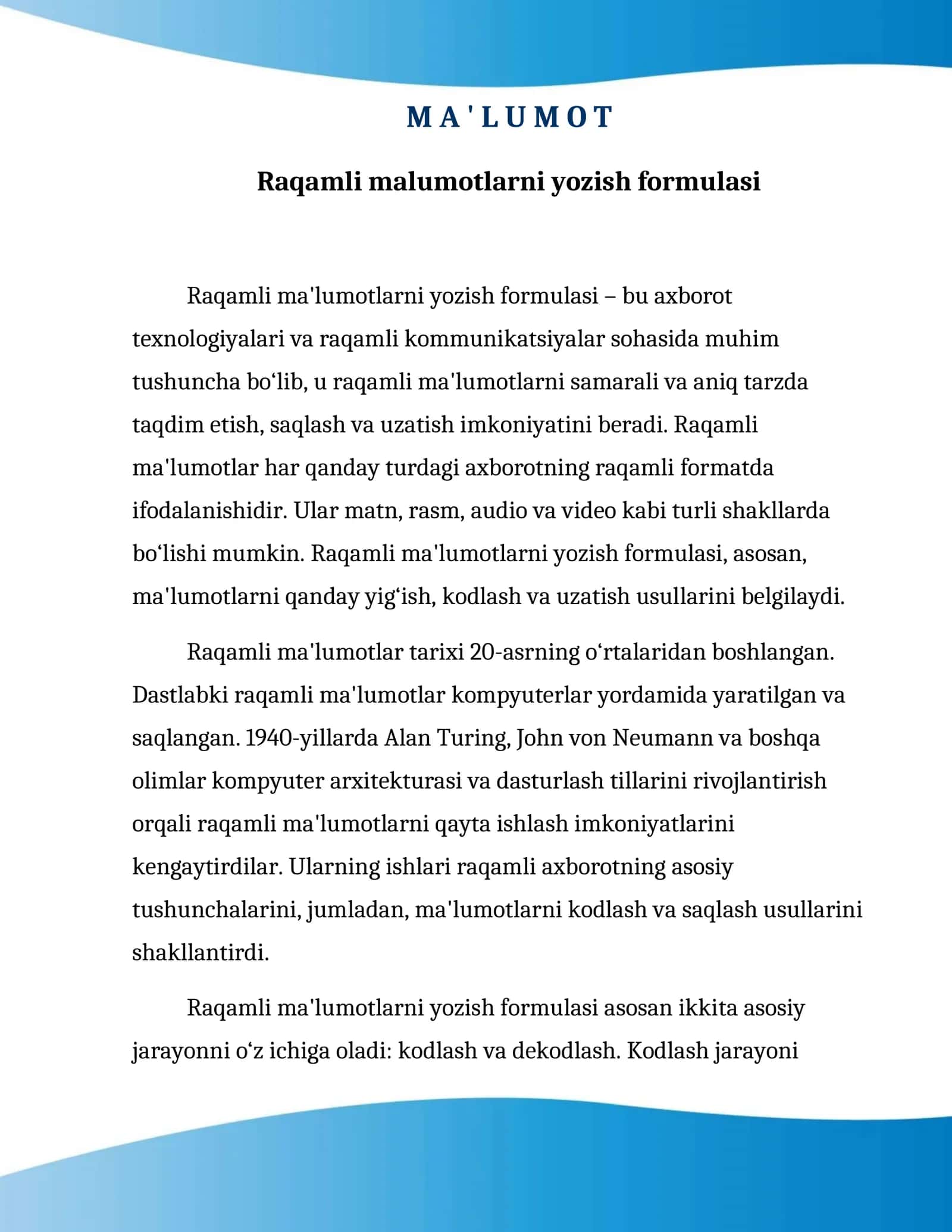 Raqamli malumotlarni yozish formulasi 1
