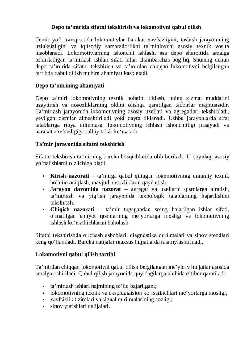 Depo ta’mirida sifatni tekshirish va lokomotivni qabul qilish 1
