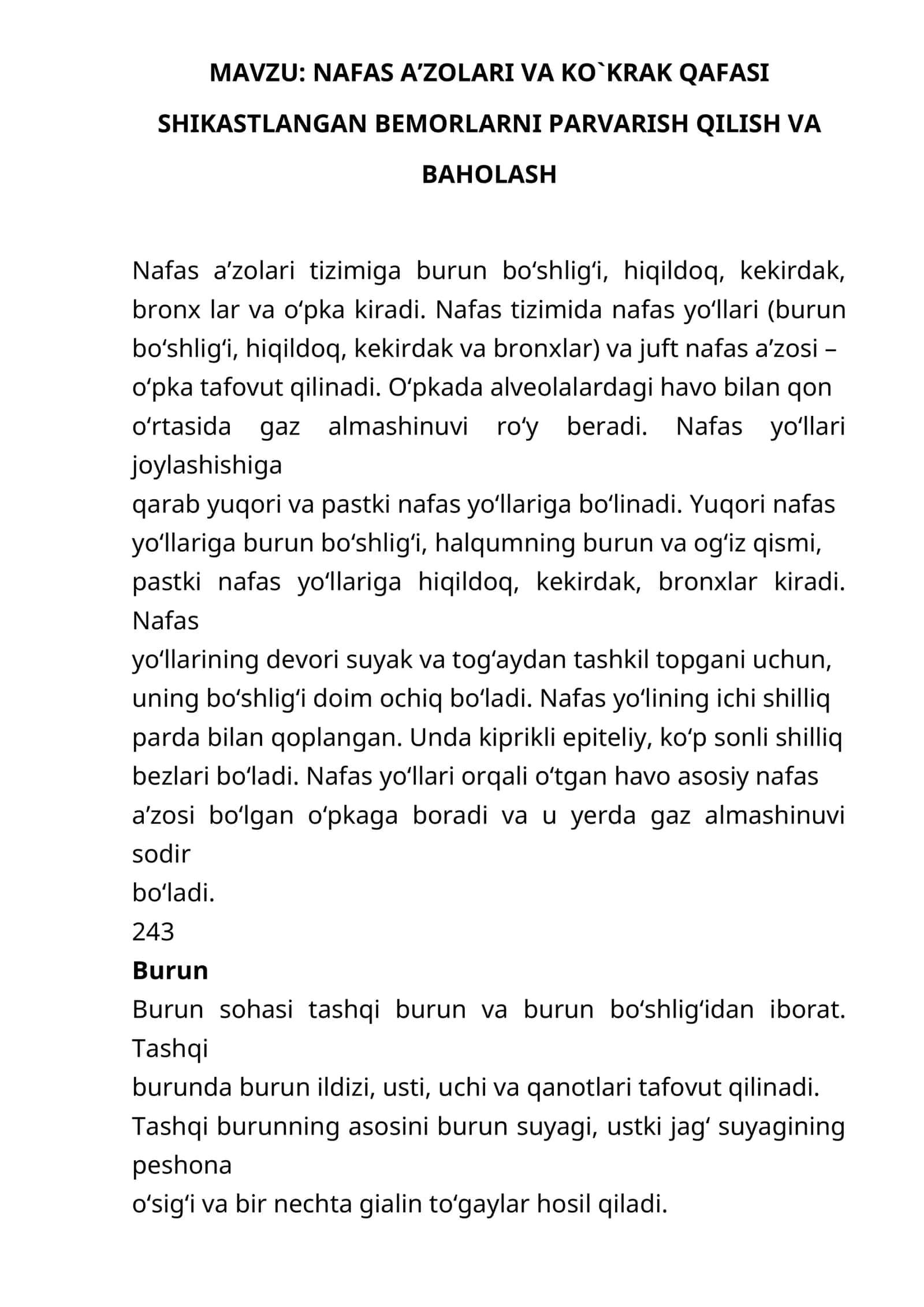 NAFAS A’ZOLARI VA KO`KRAK QAFASI SHIKASTLANGAN BEMORLARNI PARVARISH QILISH VA BAHOLASH 1