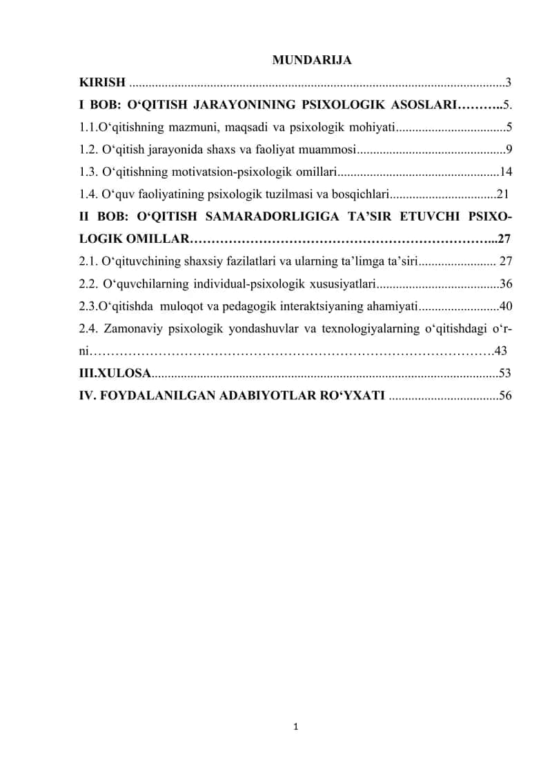 O‘QITISH JARAYONINING PSIXOLOGIK ASOSLARI 1