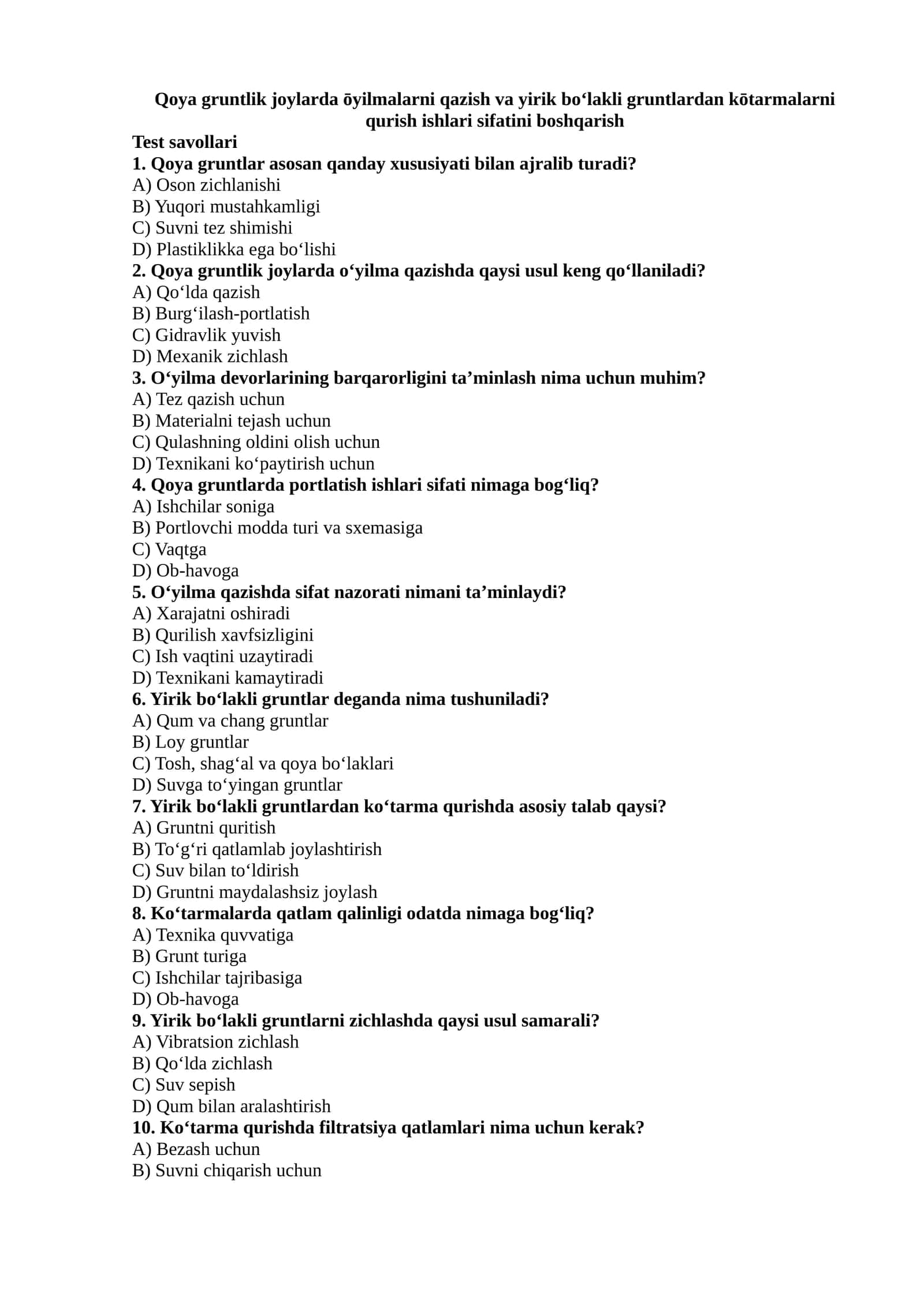 Qoya gruntlik joylarida o'yilmalarni qazish va yirik bolakli gruntlardan kotarmalarni qurish ishlari 1