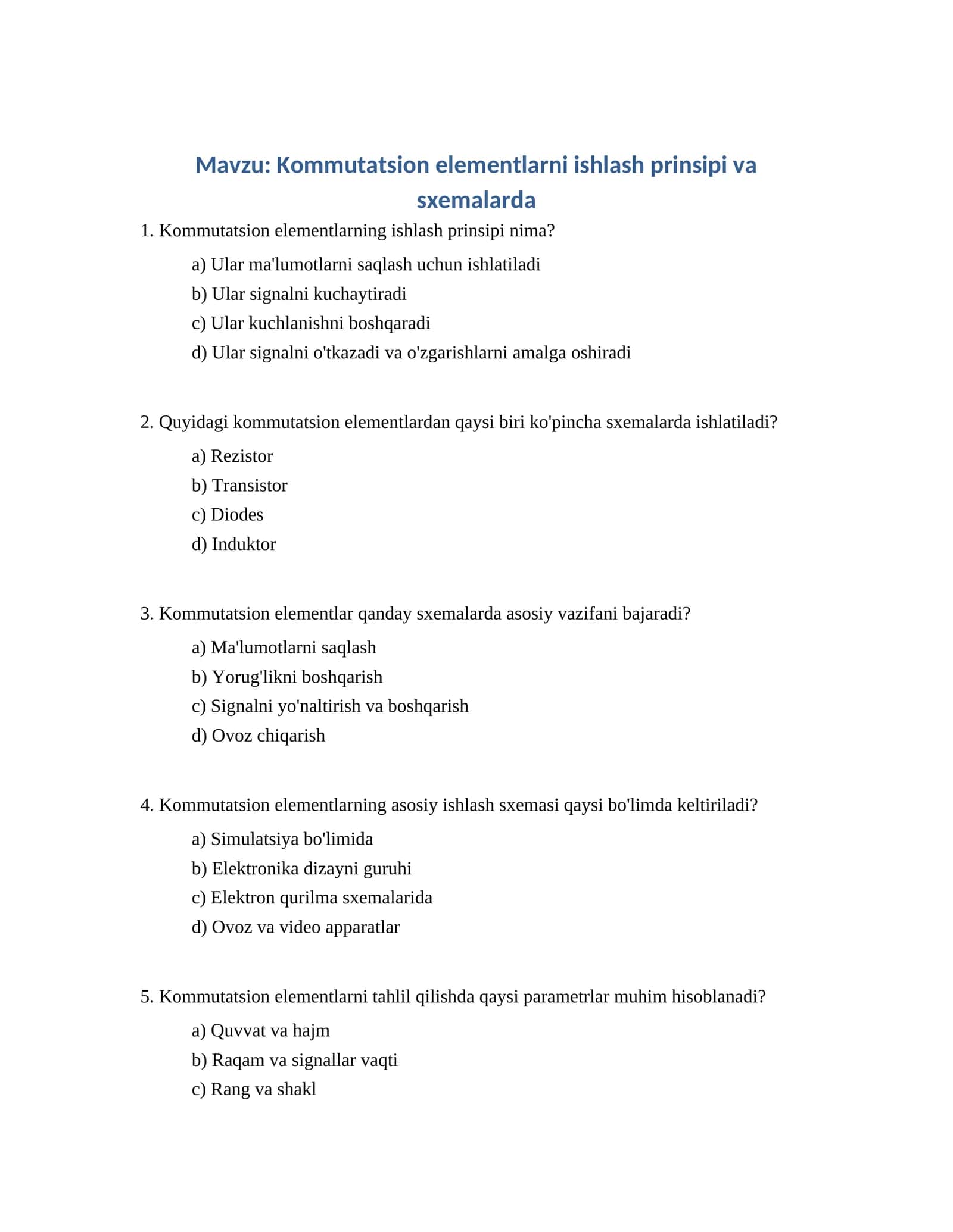 Kommutatsion elementlarni ishlash prinsipi va sxemalarda 1
