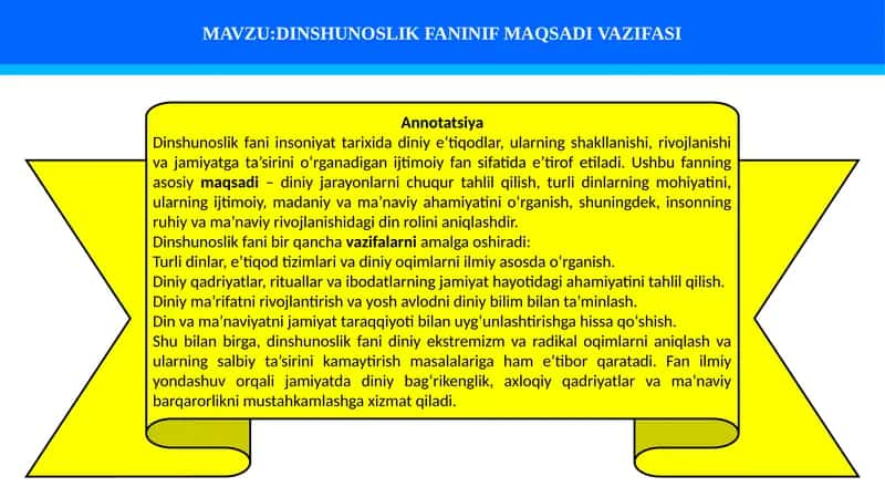 DINSHUNOSLIK FANINIF MAQSADI VAZIFASI 1