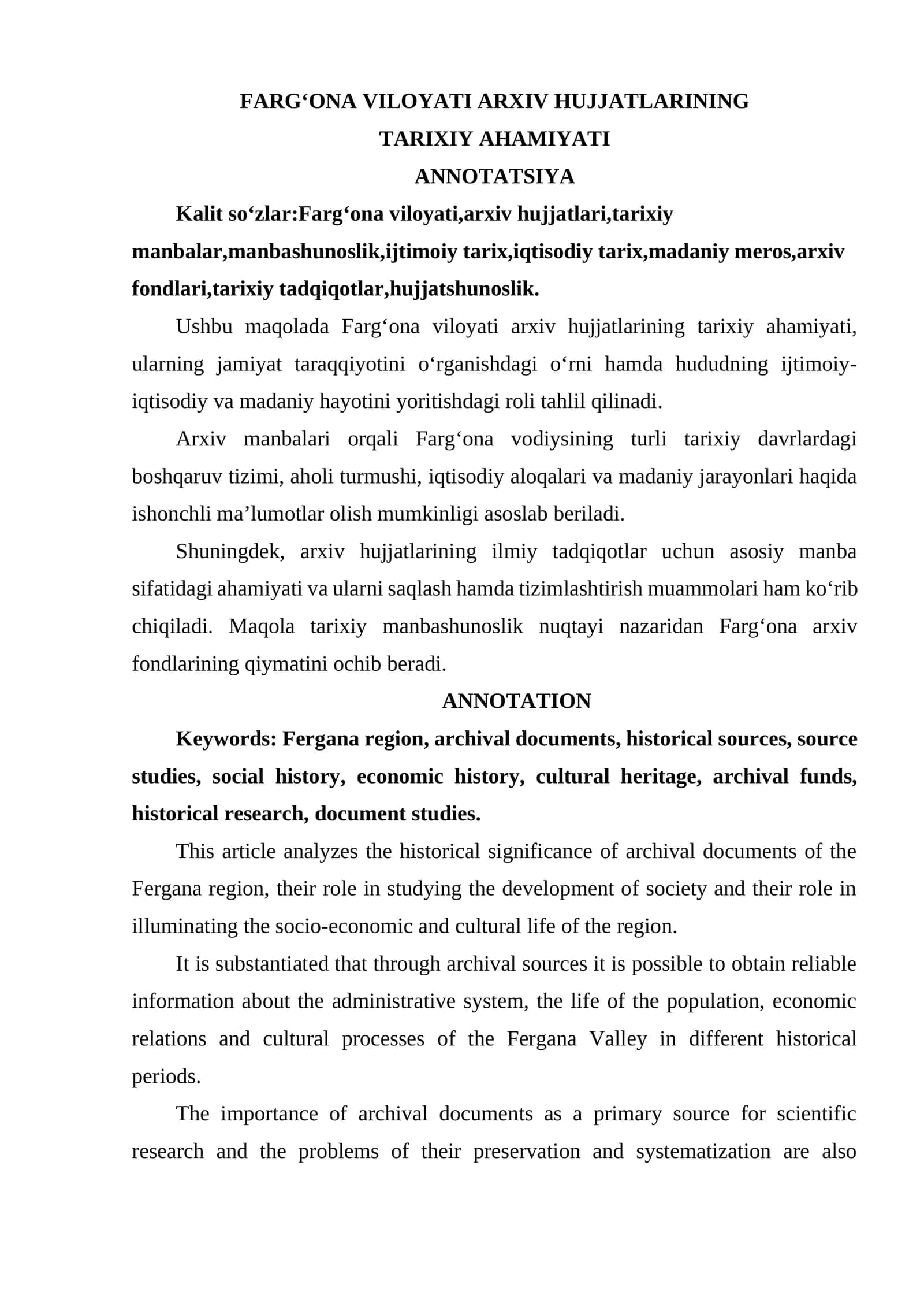 FARG‘ONA VILOYATI ARXIV HUJJATLARINING TARIXIY AHAMIYATI 1