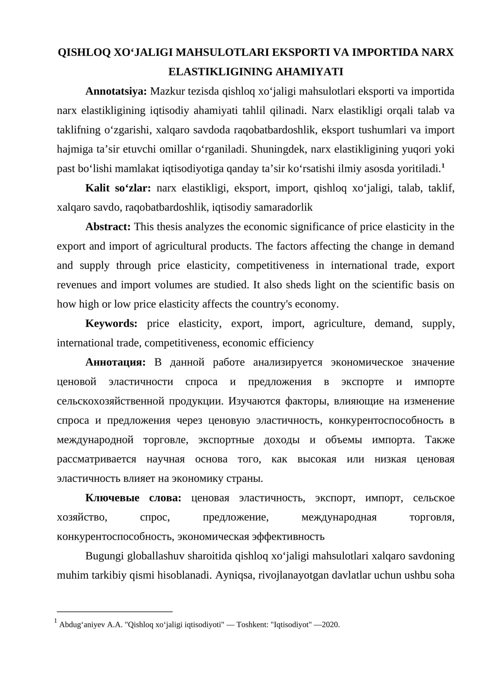 QISHLOQ XO‘JALIGI MAHSULOTLARI EKSPORTI VA IMPORTIDA NARX ELASTIKLIGINING AHAMIYATI 1