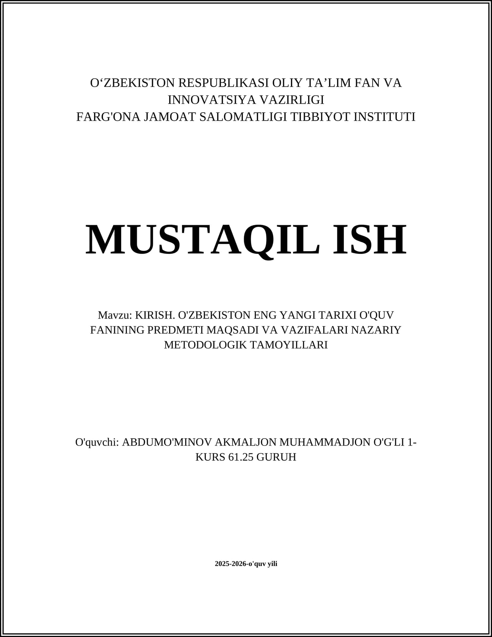 O'zbekistonning eng yangi tarixi doirasi 1