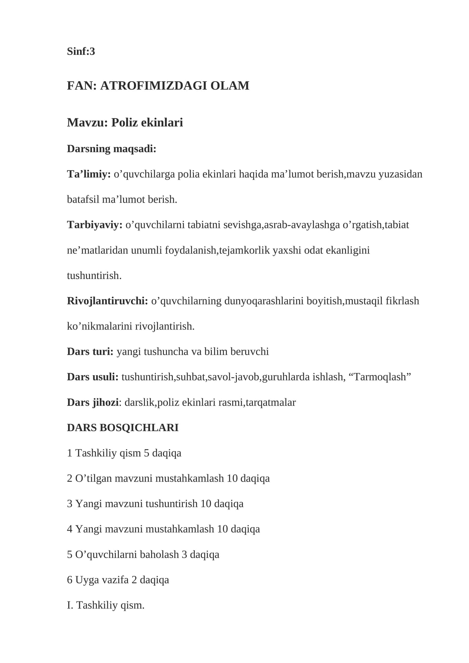 3-sinf Tabiiy Fan (Science) Poliz ekinlari dars ishlanma 1