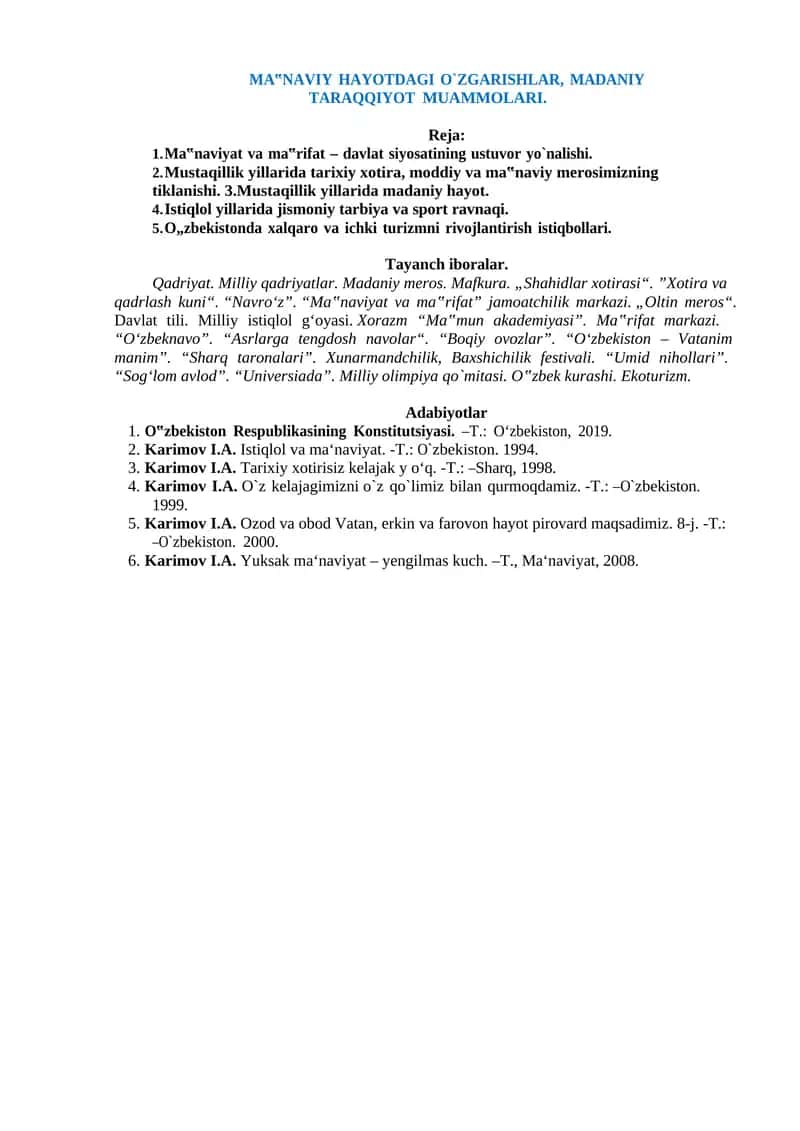 MA‟NAVIY HAYOTDAGI O`ZGARISHLAR, MADANIY TARAQQIYOT MUAMMOLARI 1