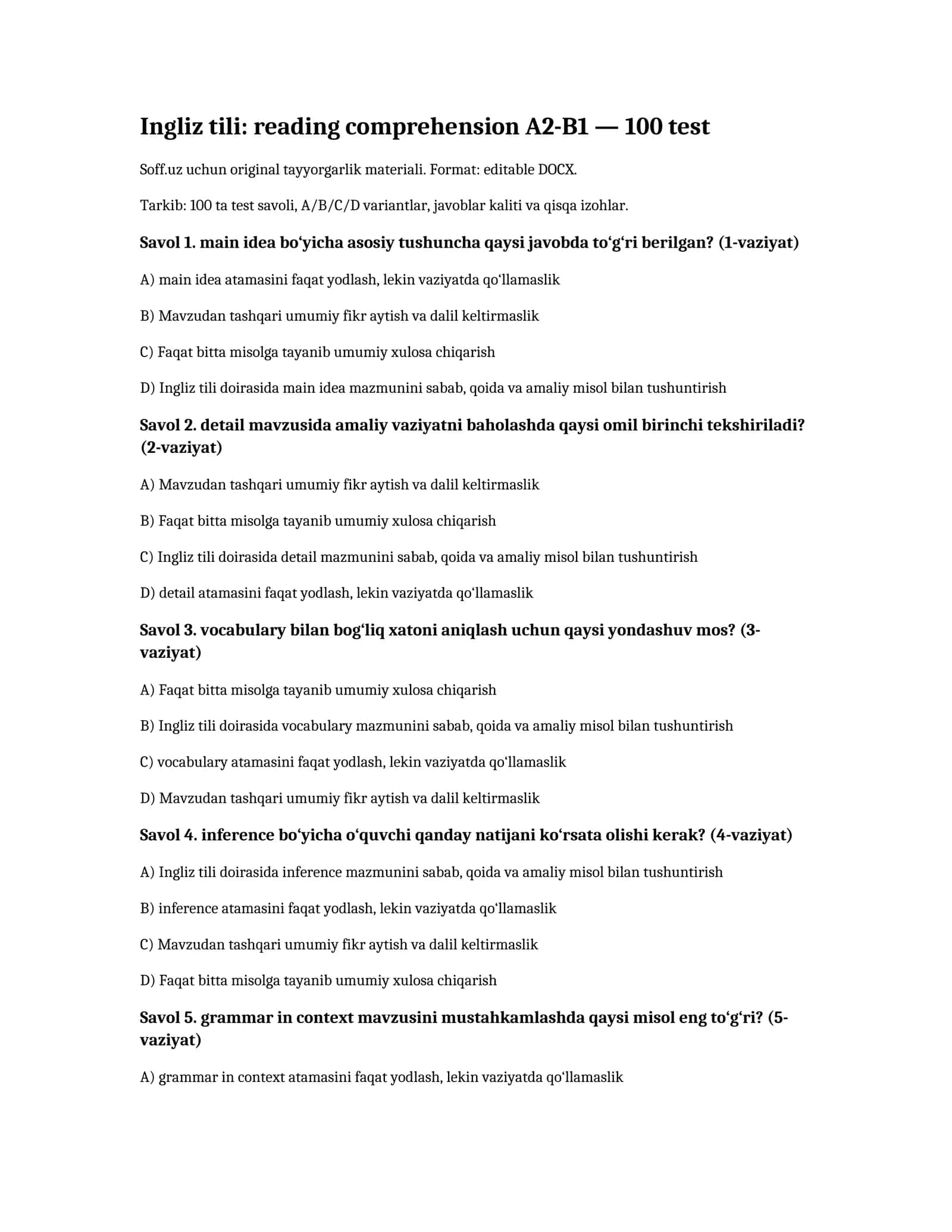 Ingliz tili: reading comprehension A2-B1 — 100 test 1