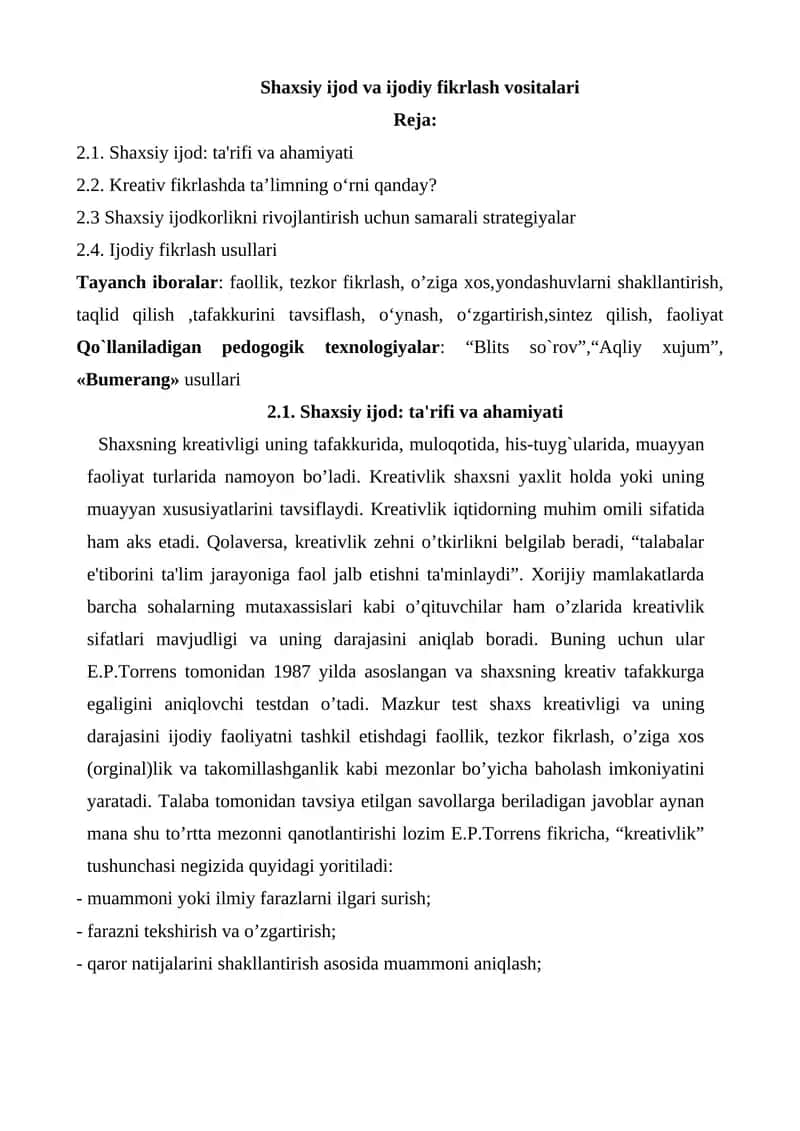 Shaxsiy ijod va ijodiy fikrlash vositalari 1