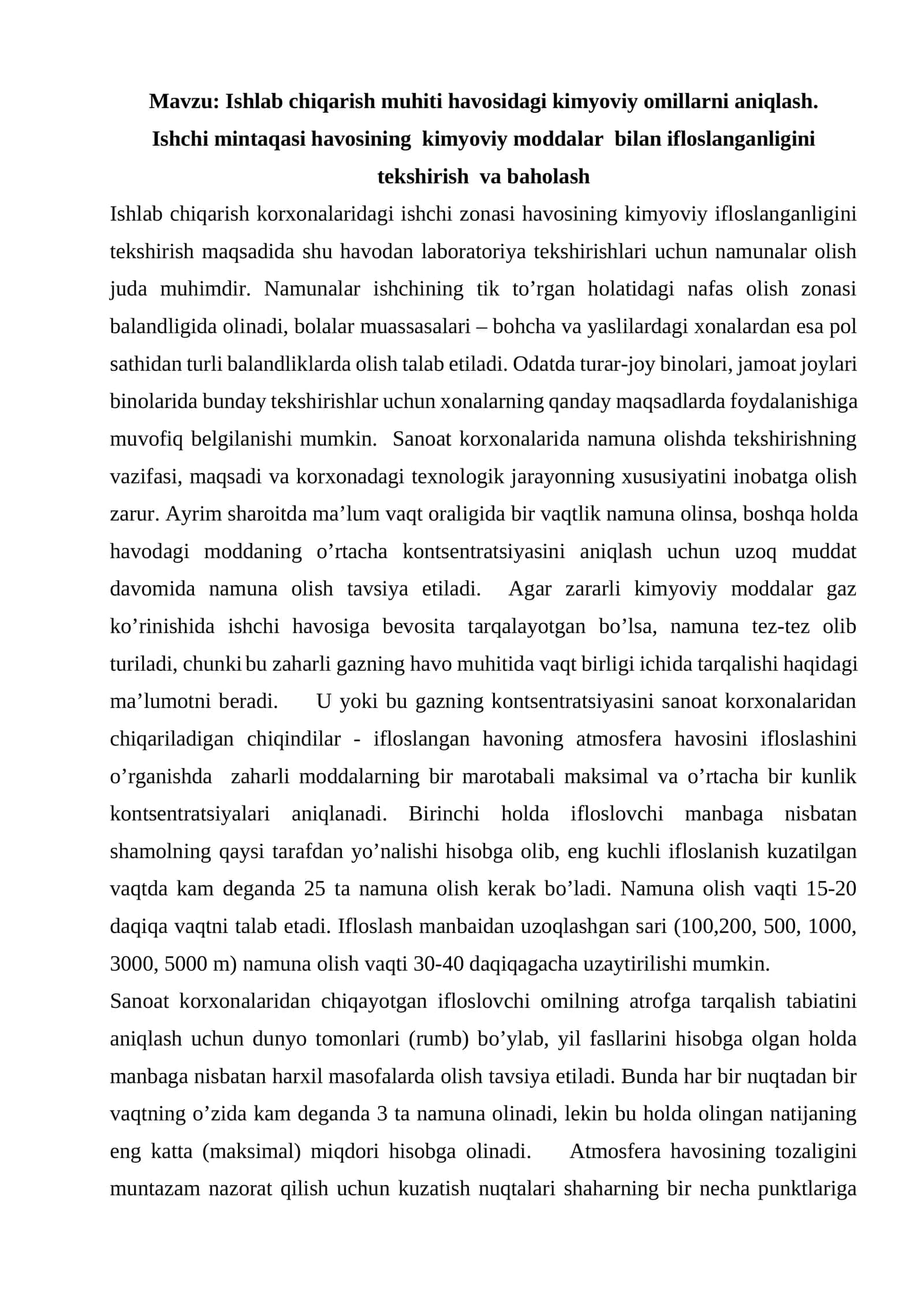 Ishlab chiqarish muhiti havosidagi kimyoviy omillarni aniqlash 1
