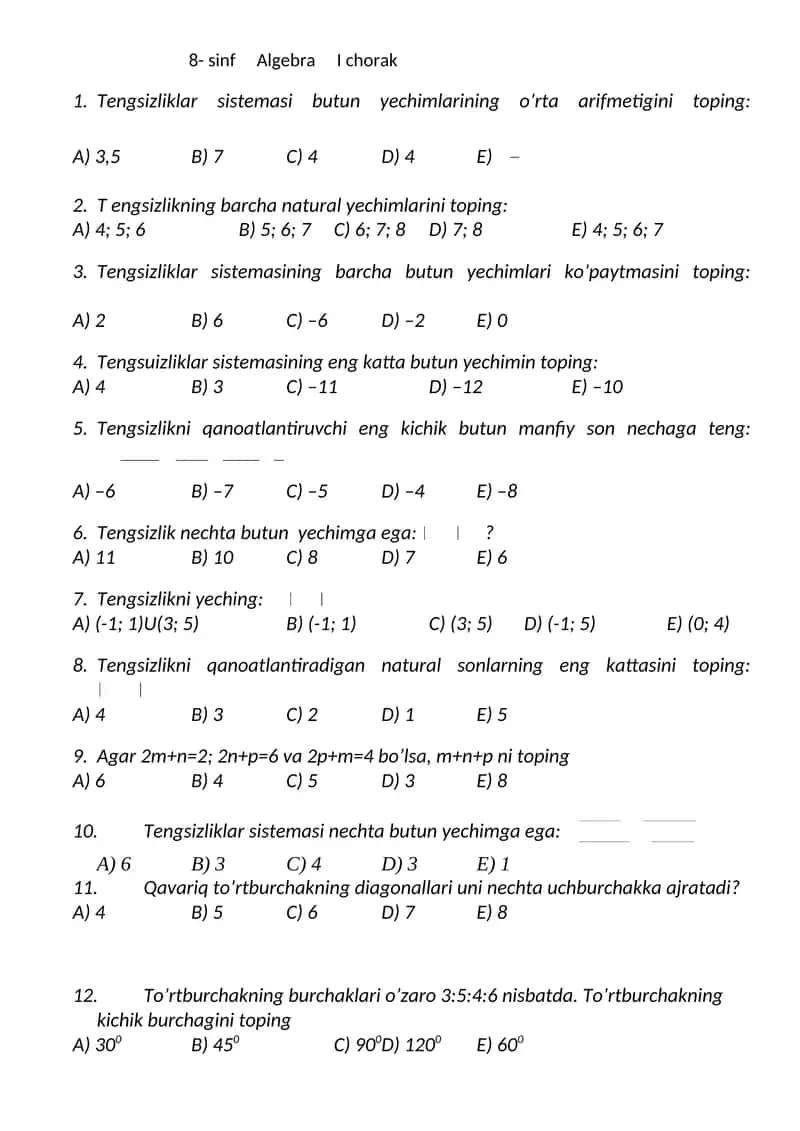 8- sinf Algebra I chorak 1