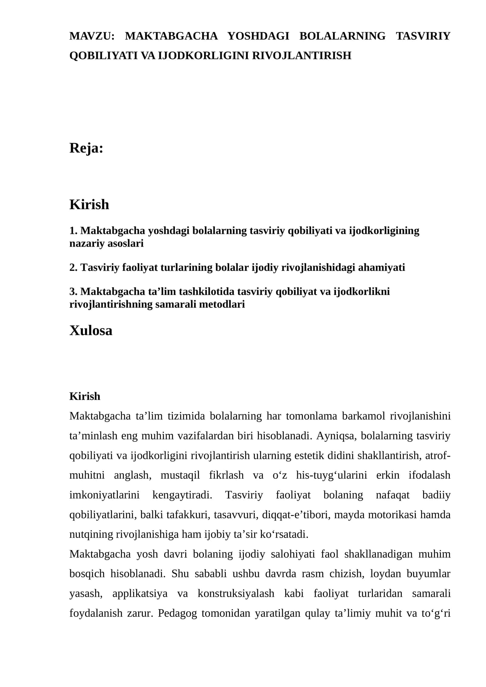 MAKTABGACHA YOSHDAGI BOLALARNING TASVIRIY QOBILIYATI VA IJODKORLIGINI RIVOJLANTIRISH.docx 1