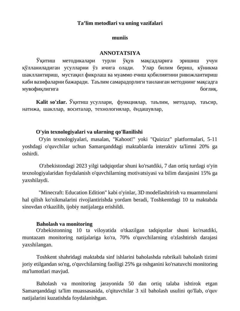 O'yin texnologiyalari va ularning qo'llanilishi 1
