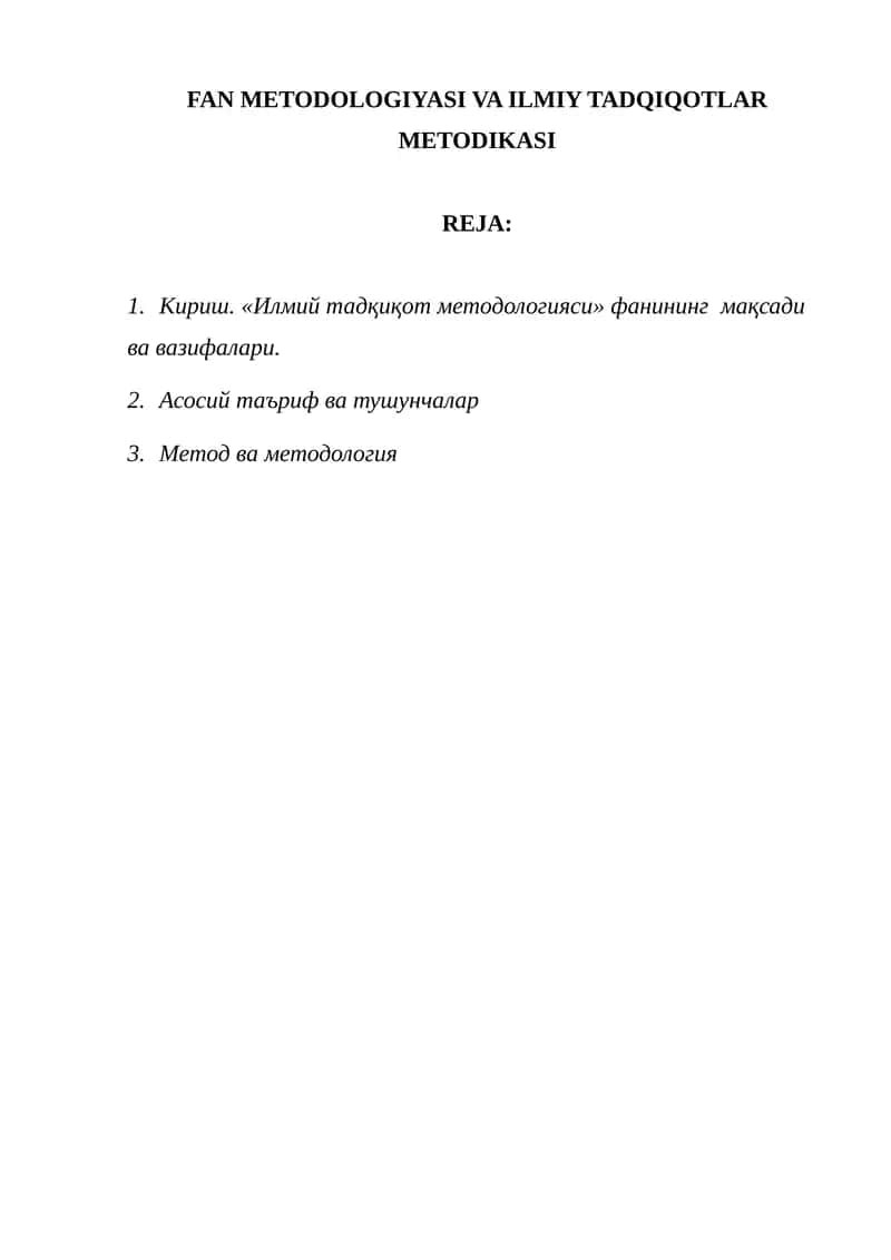 FAN METODOLOGIYASI VA ILMIY TADQIQOTLAR METODIKASI 1
