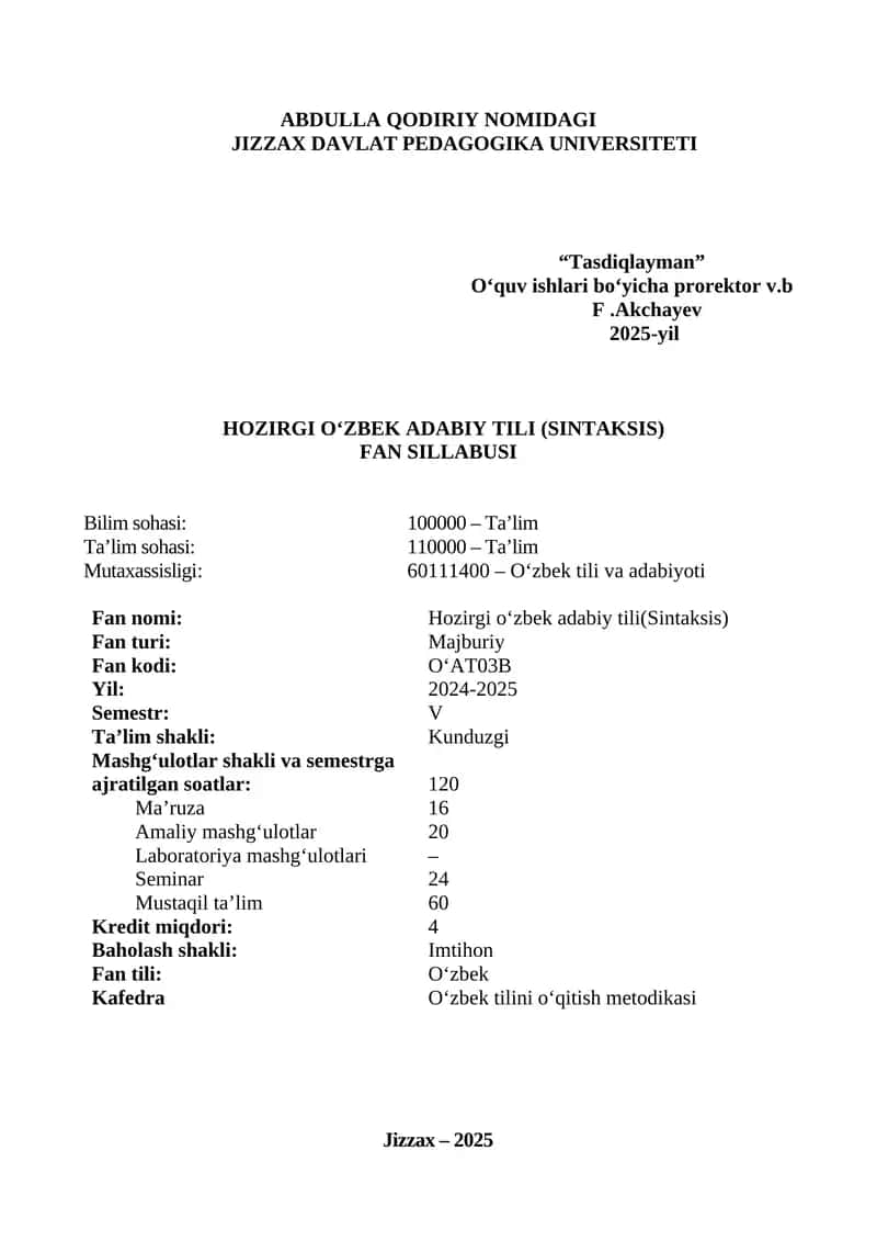 Hozirgi o‘zbek adabiy tili(Sintaksis) 1