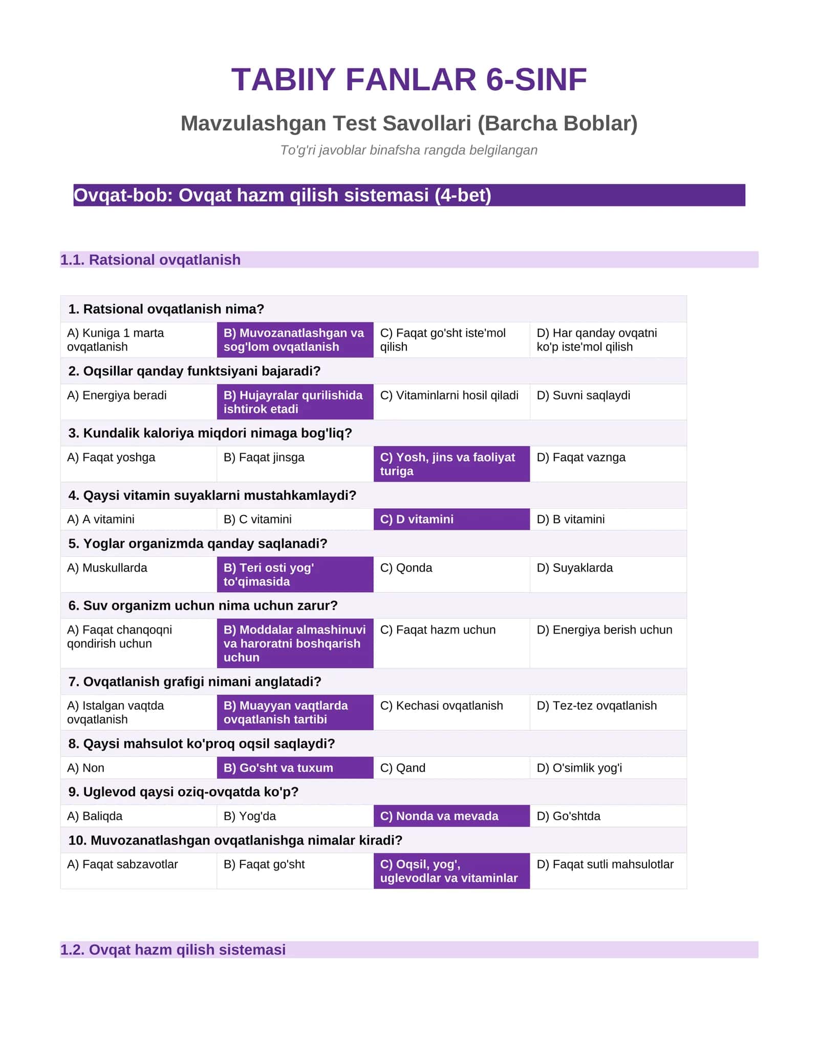 TABIIY FANLAR 6-SINF Mavzulashgan Test Savollari (Barcha Boblar) 1