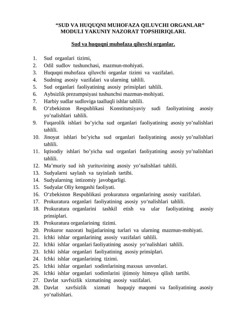 SUD VA HUQUQNI MUHOFAZA QILUVCHI ORGANLAR MODULI YAKUNIY NAZORAT TOPSHIRIQLARI 1