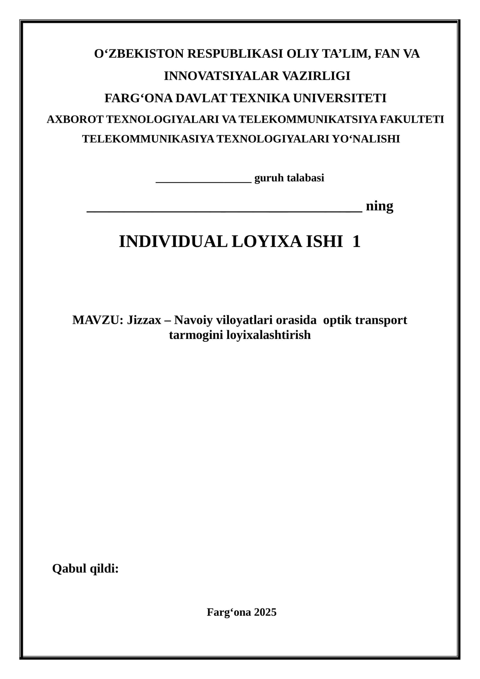 Jizzax – Navoiy viloyatlari orasida optik transport tarmog‘ini loyixalashtirish 1