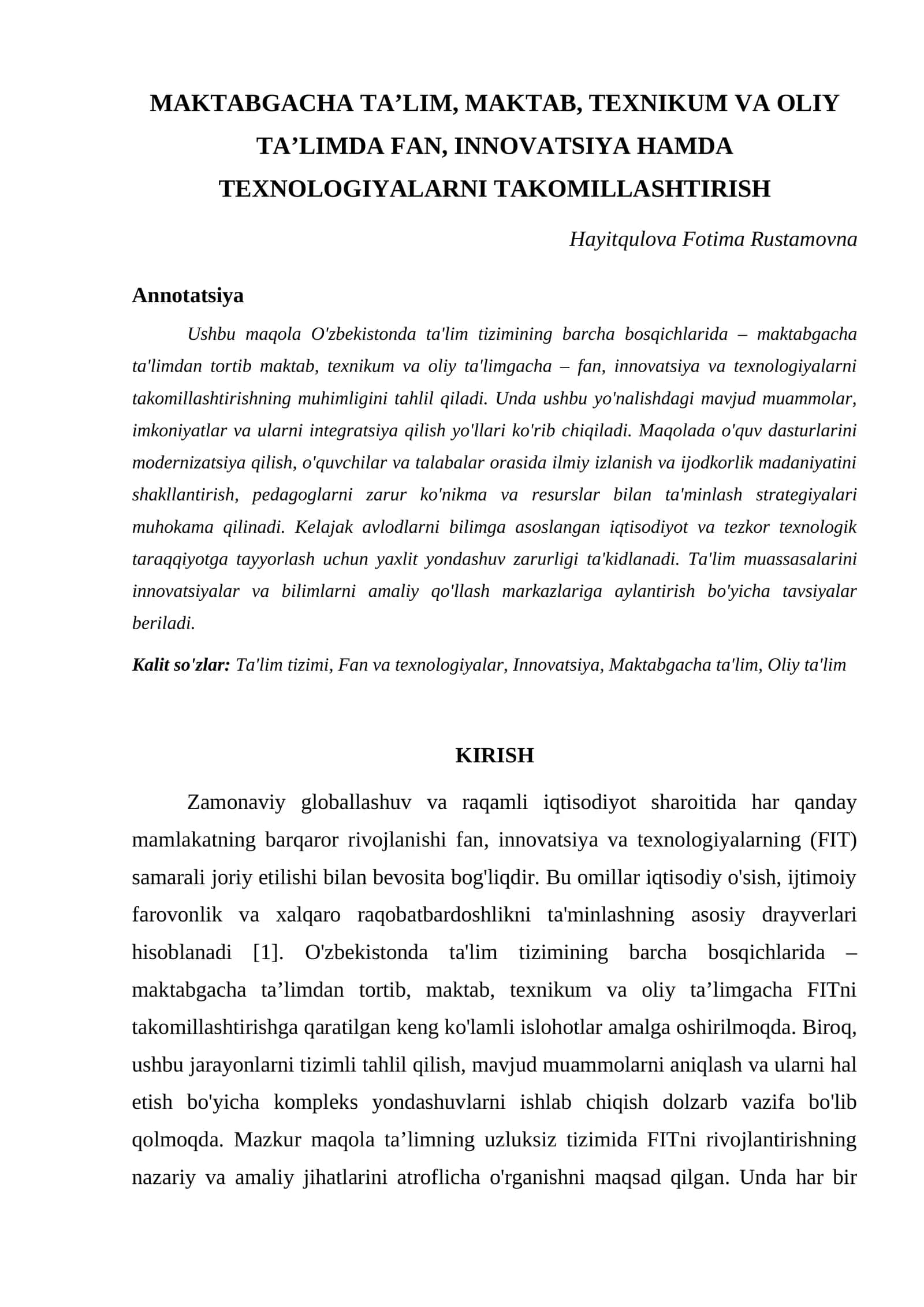 MAKTABGACHA TAʼLIM, MAKTAB, TEXNIKUM VA OLIY TAʼLIMDA FAN, INNOVATSIYA HAMDA TEXNOLOGIYALARNI TAKOMILLASHTIRISH 1