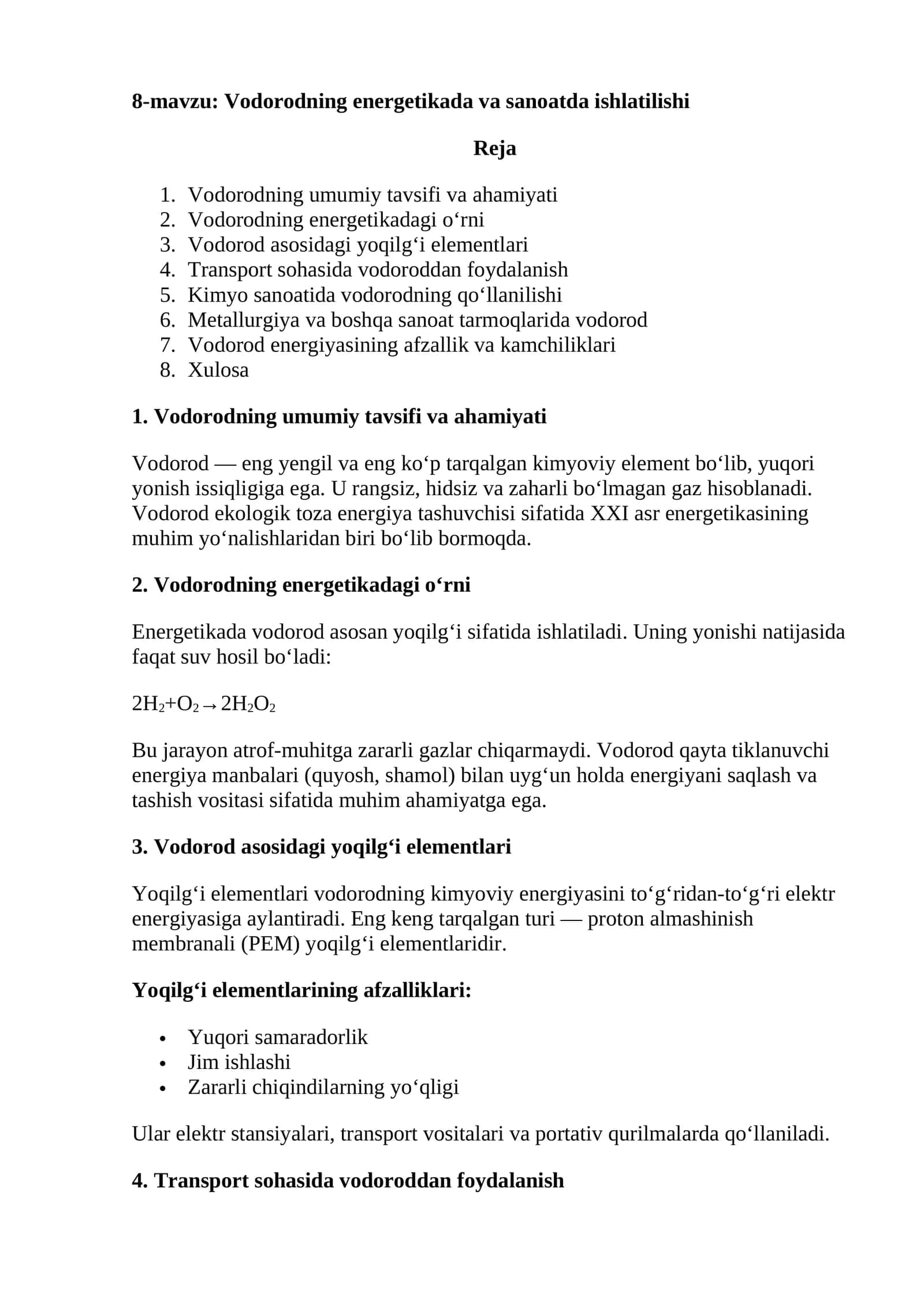 Vodorodning energetikada va sanoatda ishlatilishi 1