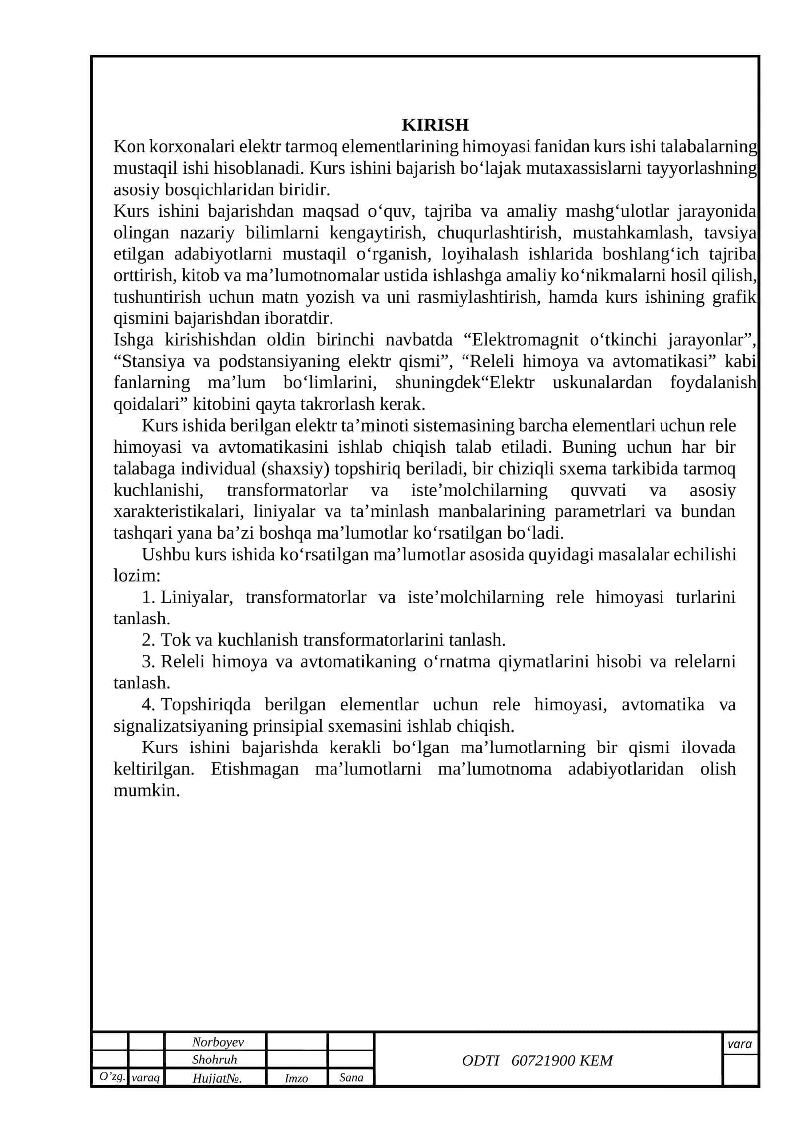Kon korxonalari elektr tarmoq elementlarining himoyasi fanidan kurs ishi 1