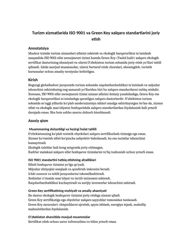 Turizm xizmatlarida ISO 9001 va Green Key xalqaro standartlarini joriy etish 1