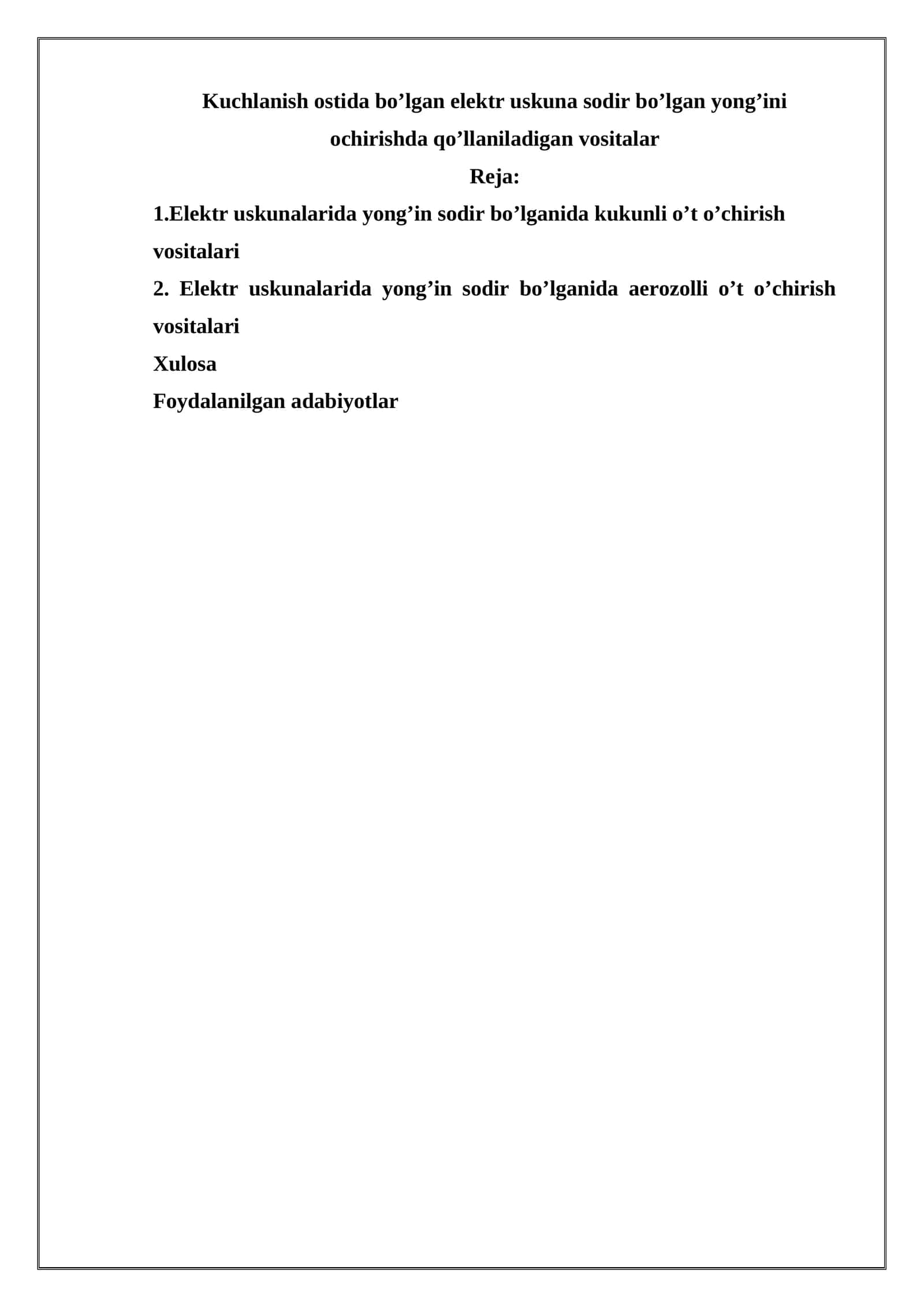 Kuchlanish ostida bo’lgan elektr uskuna sodir bo’lgan yong’ini ochirishda qo’llaniladigan vositalar 1