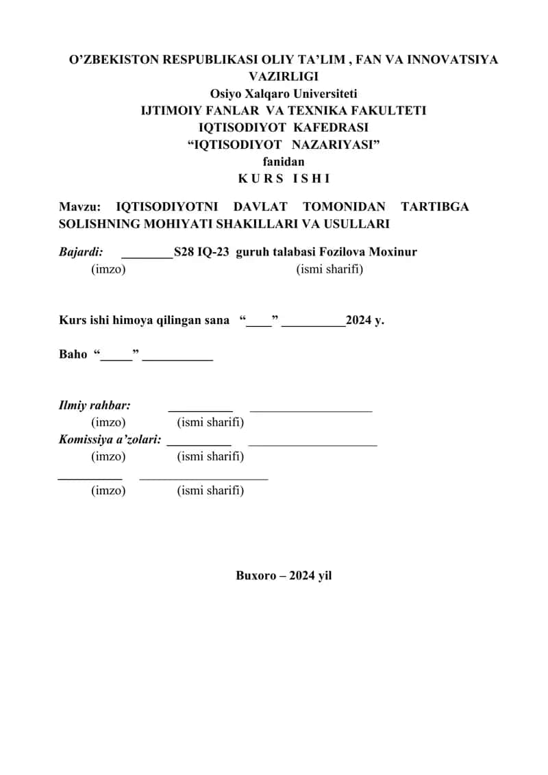 IQTISODIYOTNI DAVLAT TOMONIDAN TARTIBGA SOLISHNING MOHIYATI SHAKILLARI VA USULLARI 1