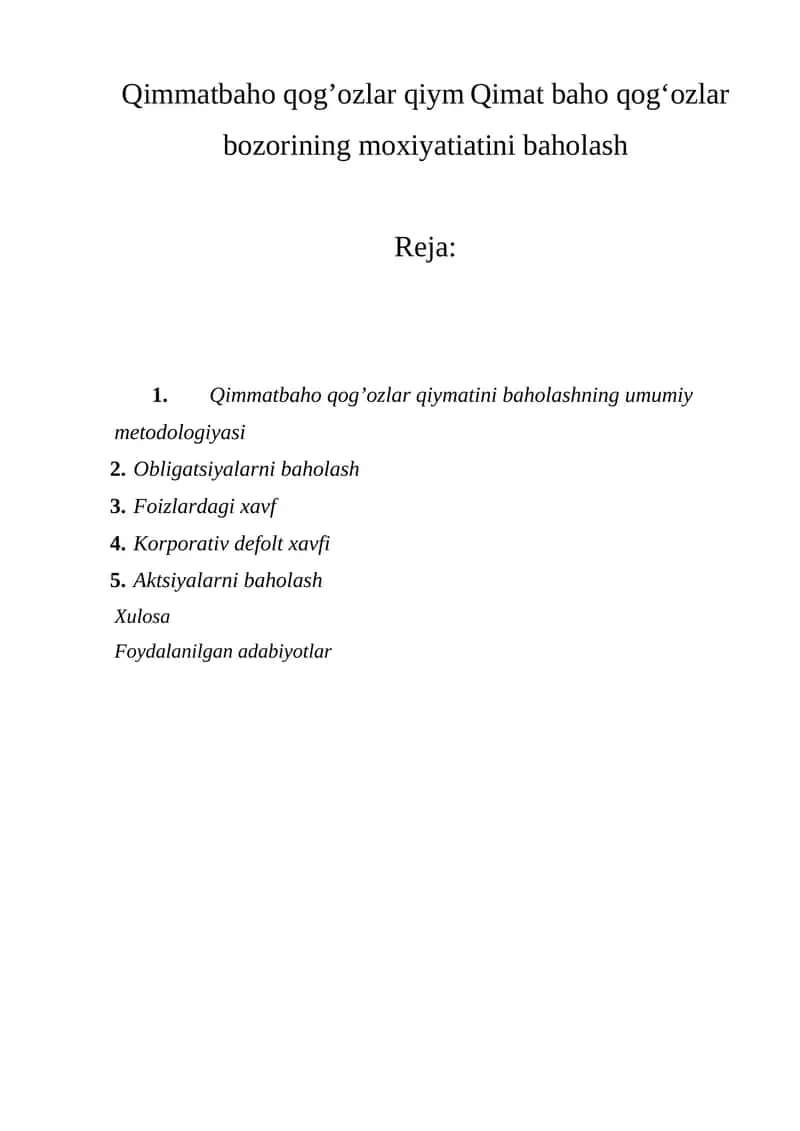 Qimmatbaho qog’ozlar qiymatini baholash 1