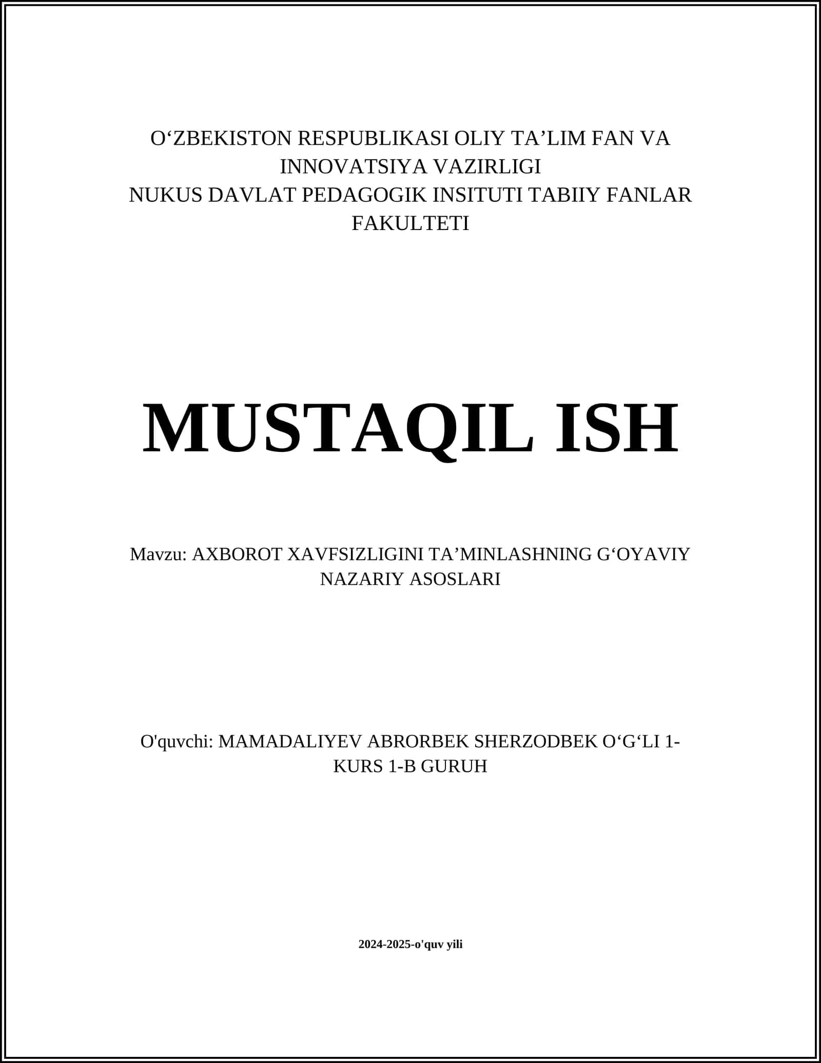 AXBOROT XAVFSIZLIGINI TAʼMINLASHNING GʻOYAVIY NAZARIY ASOSLARI 1