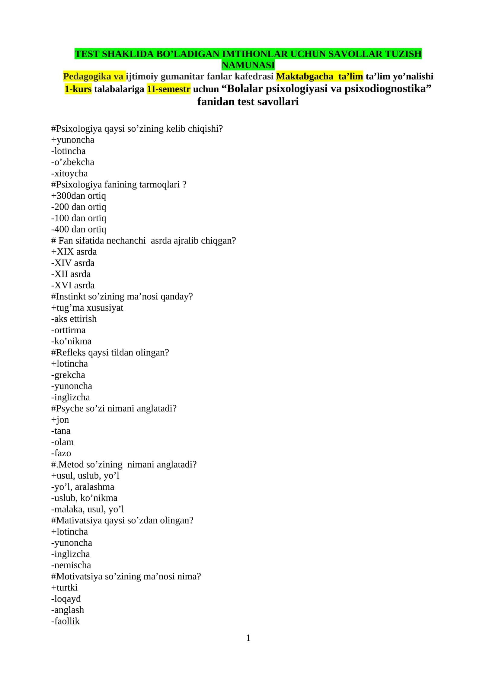 TEST SHAKLIDA BO’LADIGAN IMTIHONLAR UCHUN SAVOLLAR TUZISH NAMUNASI 1