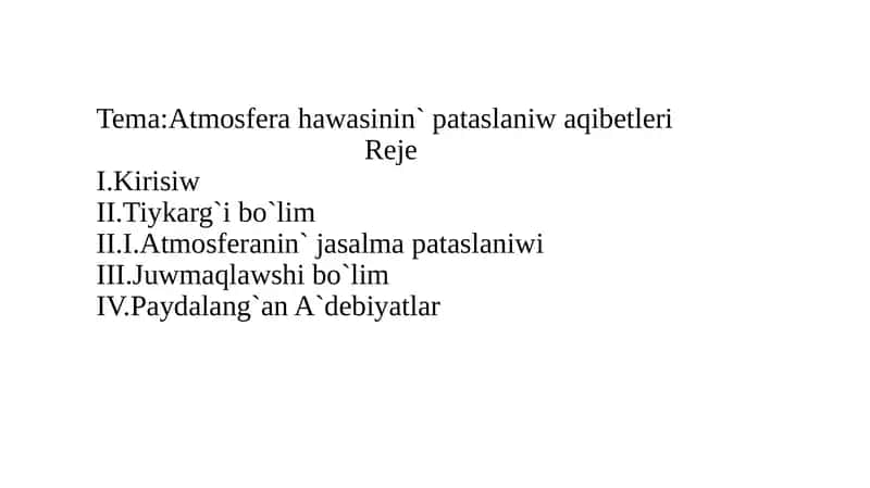Atmosfera hawasinin` pataslaniw aqibetleri 1