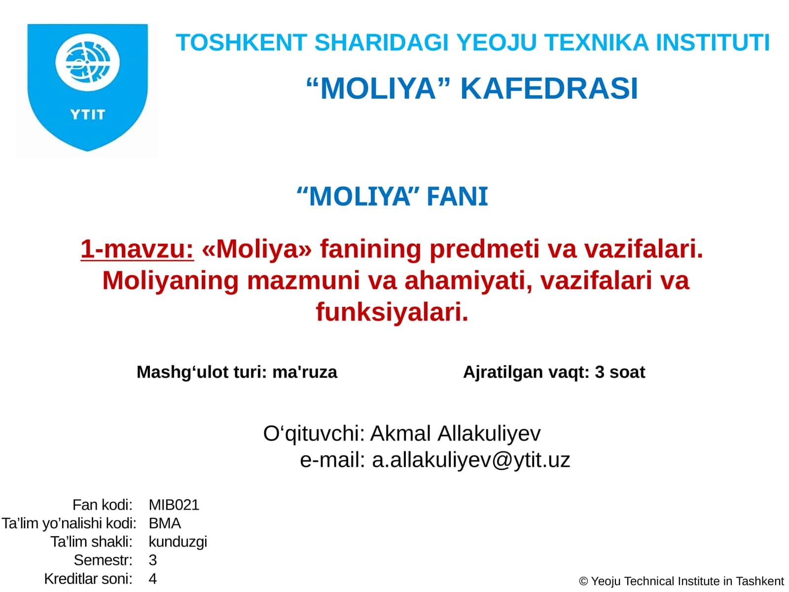 «Moliya» fanining predmeti va vazifalari 1