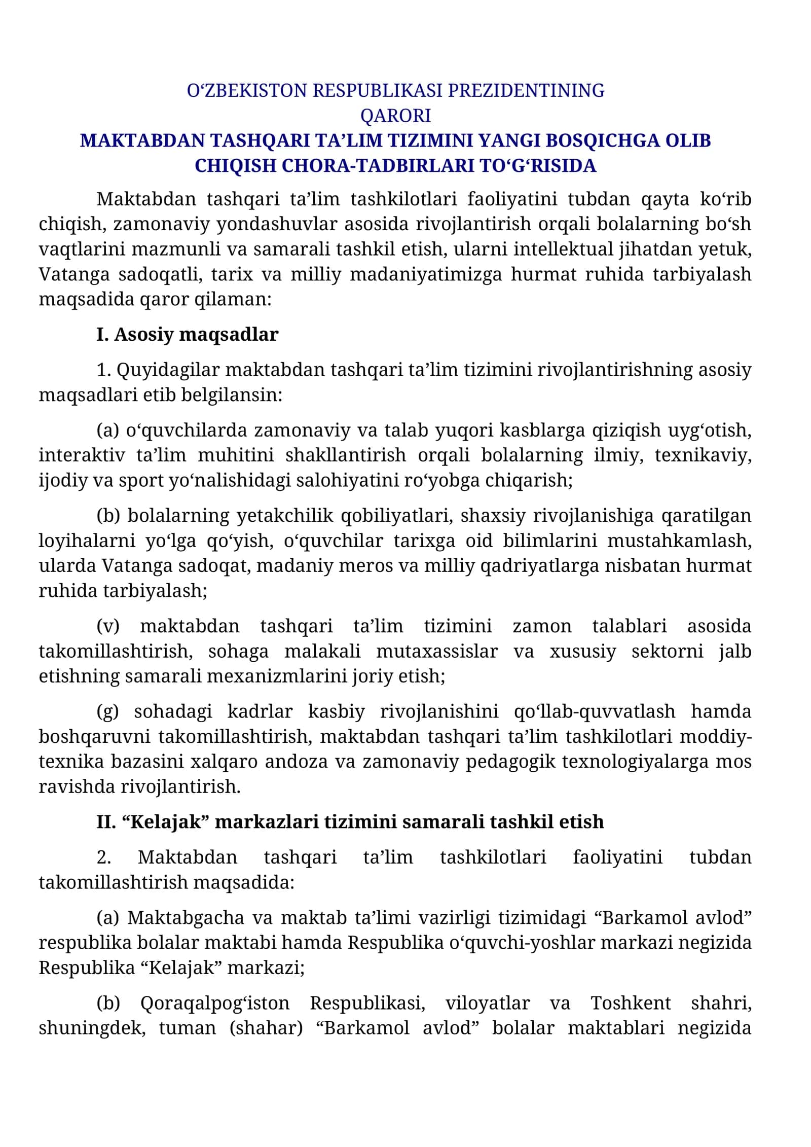 Maktabdan tashqari taʼlim tizimini yangi bosqichga olib chiqish chora-tadbirlari toʻgʻrisida 1