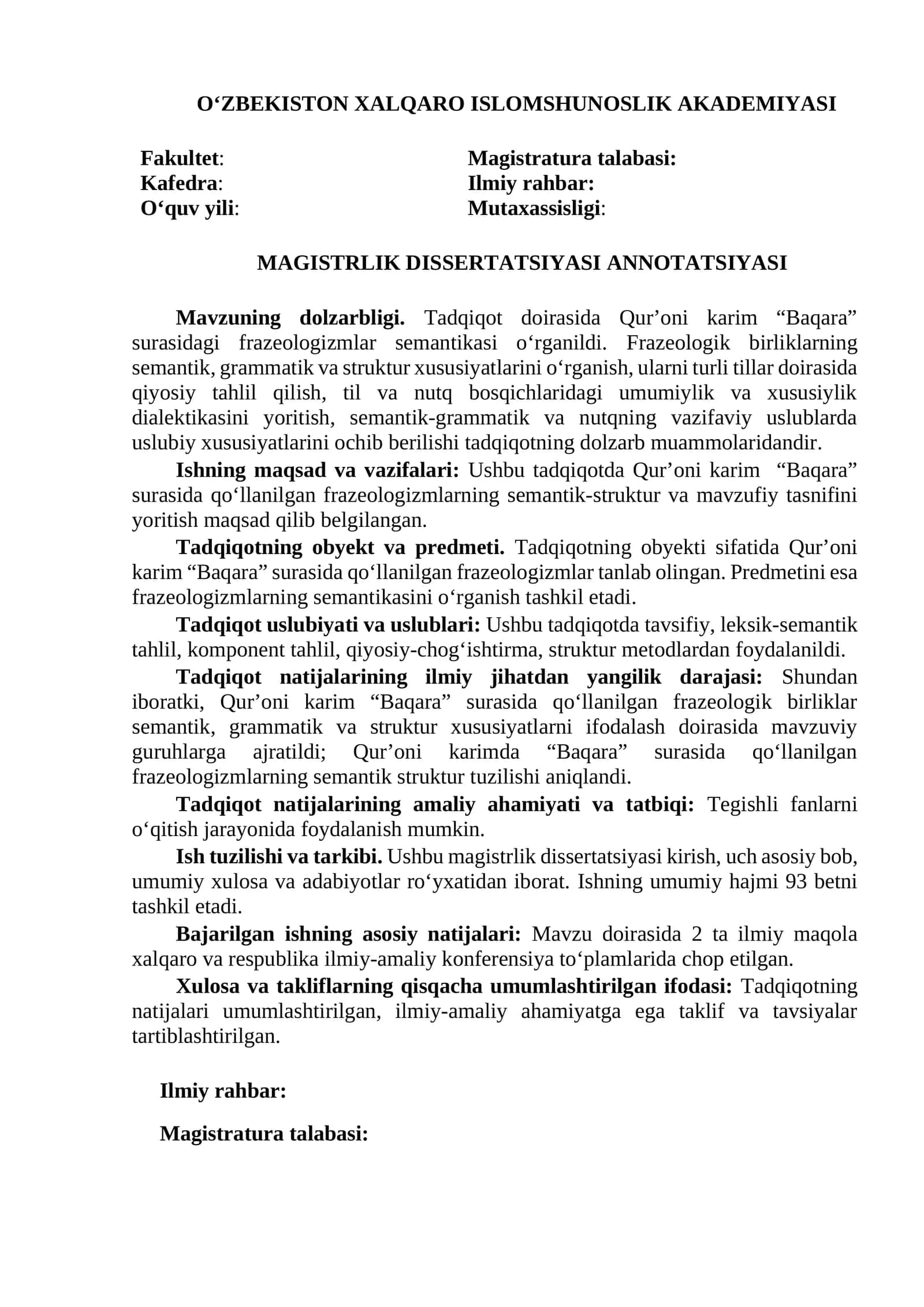 ANNOTATSIYA. DIPLOM ISHI. Qur'oni Karim “Baqara” surasida qo'llangan frazeologizmlar semantikasi 1