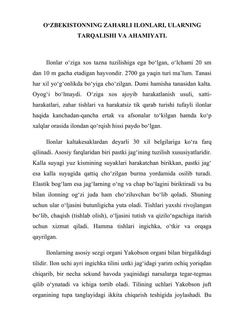 О‘ZBEKISTONNING ZAHARLI ILONLARI, ULARNING TARQALISHI VA AHAMIYATI. 1