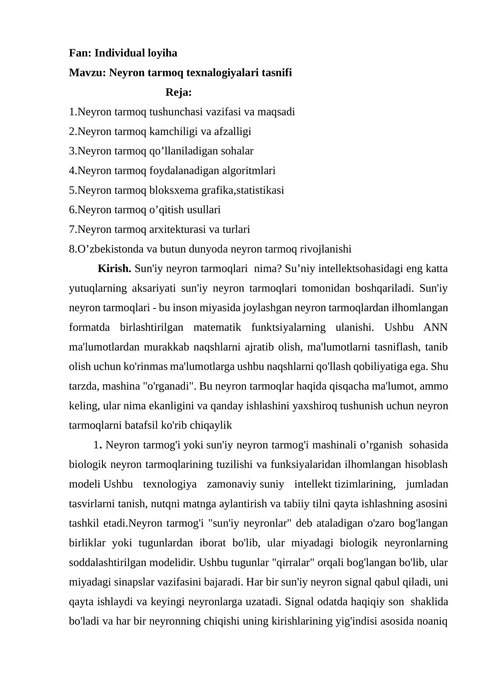 Neyron tarmoq texnalogiyalari tasnifi 1