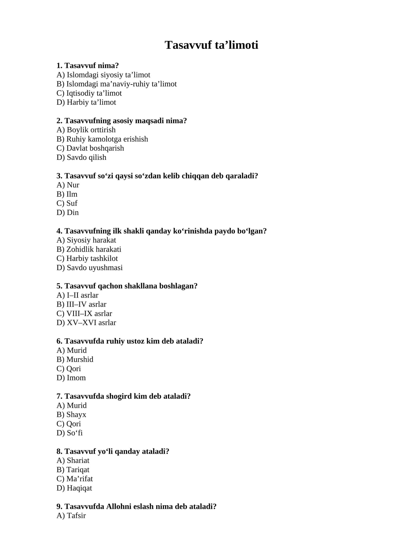 Tasavvuf ta’limoti (Test) 1