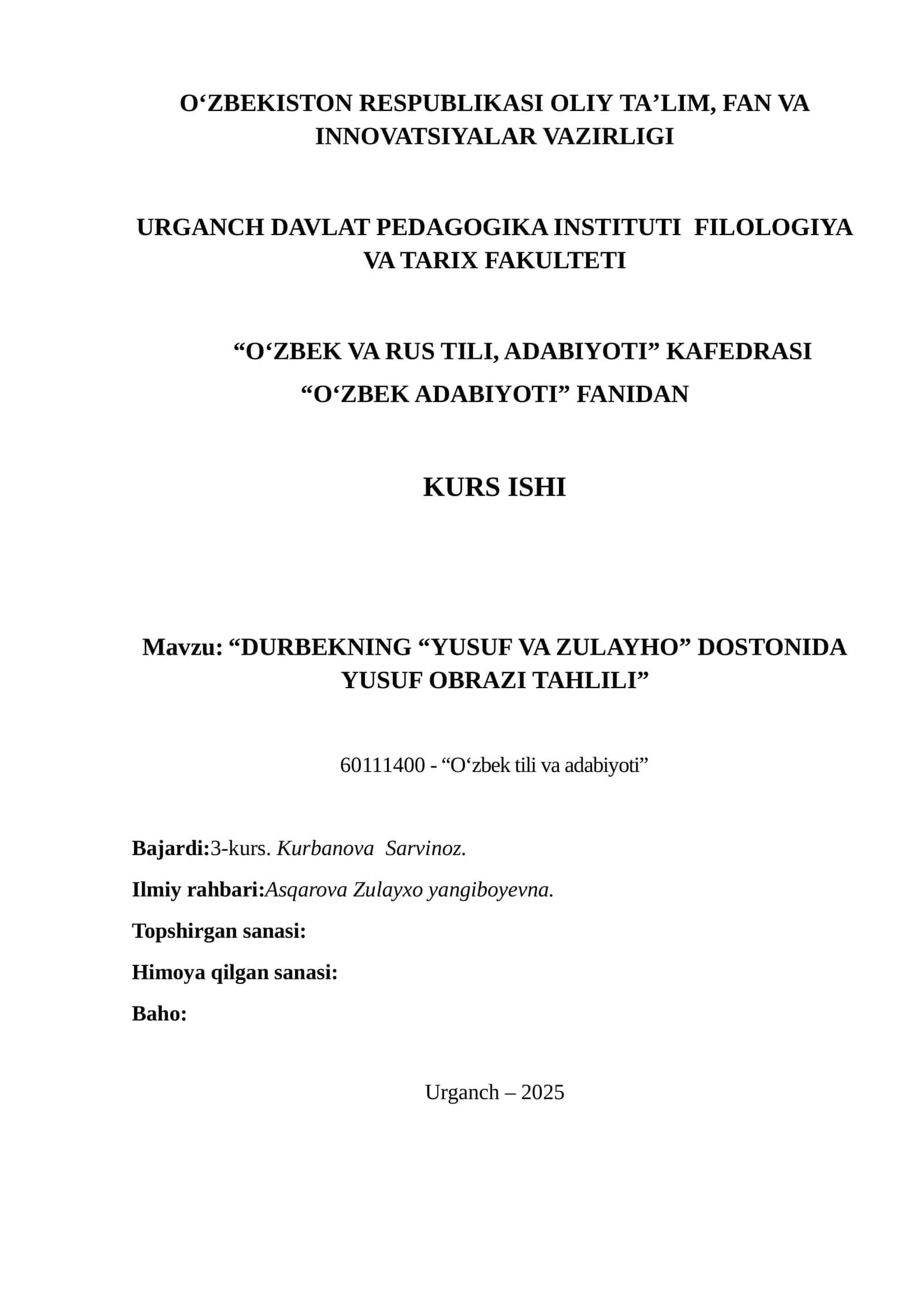 “DURBEKNING “YUSUF VA ZULAYHO” DOSTONIDA YUSUF OBRAZI TAHLILI” KURS ISHI 1