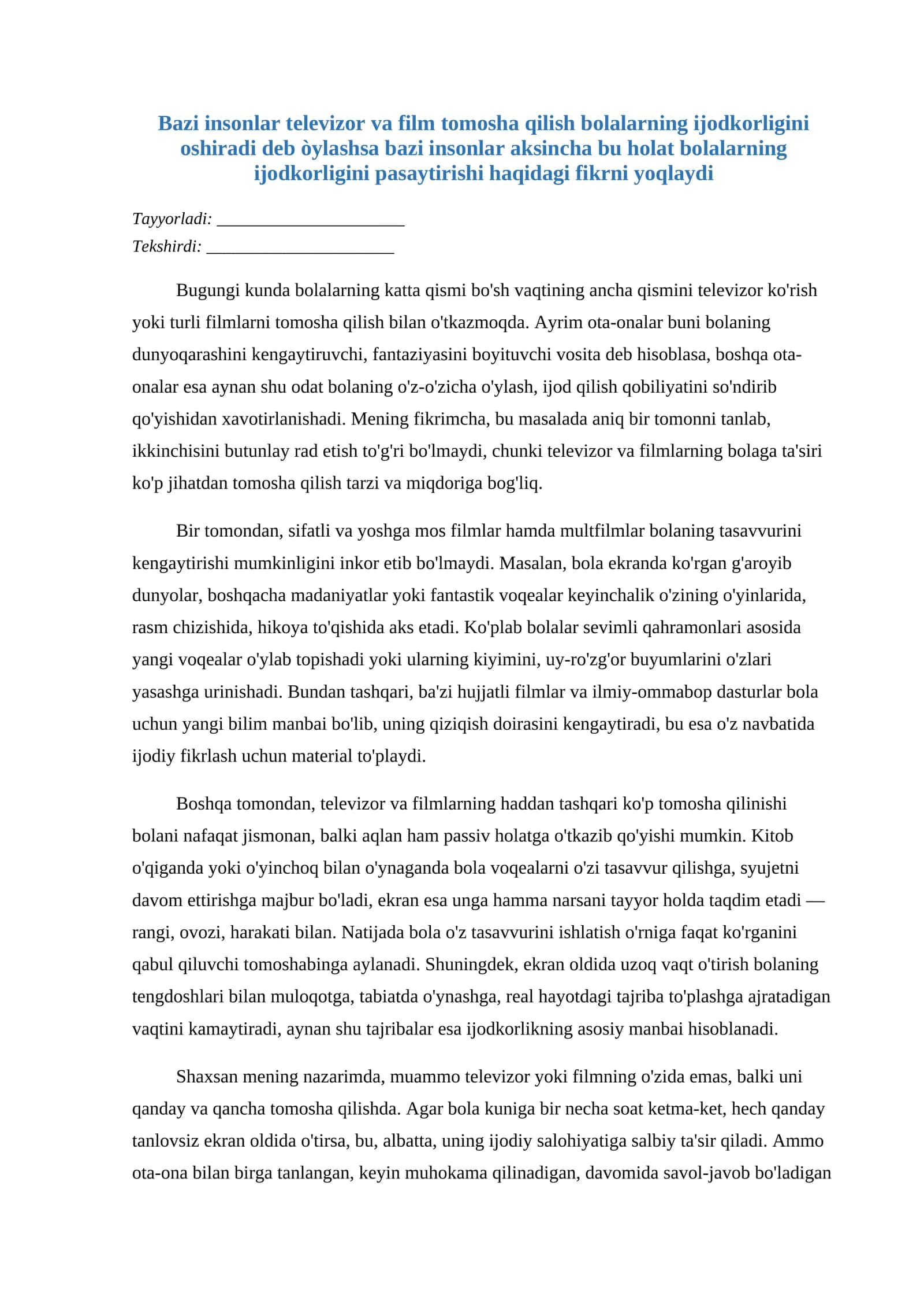 Bolalarning Ijodkorligi va Televizor To'g'risida O'rtacha Barobarlik 1