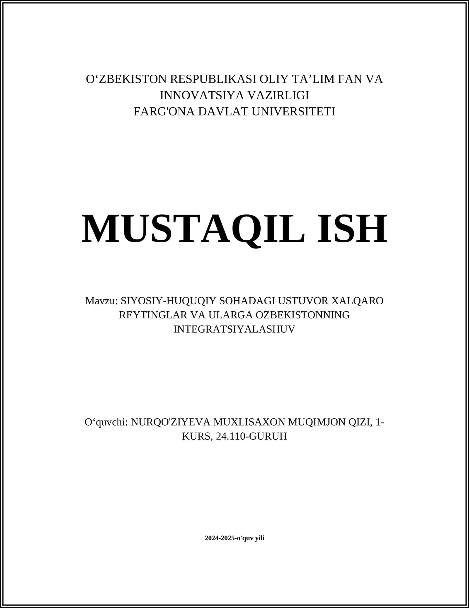 SIYOSIY-HUQUQIY SOHADAGI USTUVOR XALQARO REYTINGLAR VA ULARGA OZBEKISTONNING INTEGRATSIYALASHUV 1