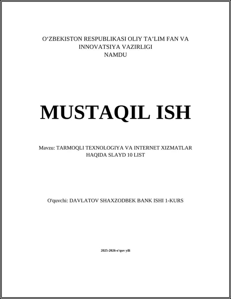 TARMOQLI TEXNOLOGIYA VA INTERNET XIZMATLAR HAQIDA SLAYD 10 LIST 1