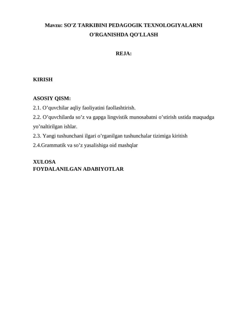 SO'Z TARKIBINI PEDAGOGIK TEXNOLOGIYALARNI O'RGANISHDA QO'LLASH 1