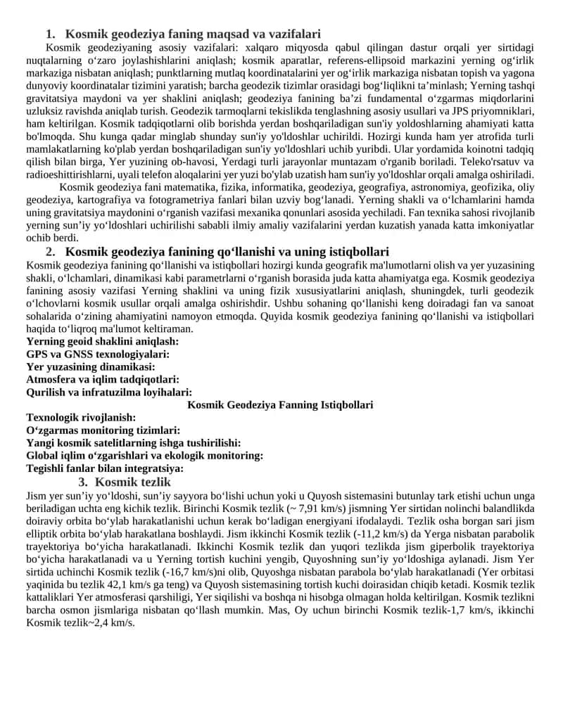 Kosmik geodeziya faning maqsad va vazifalari 1
