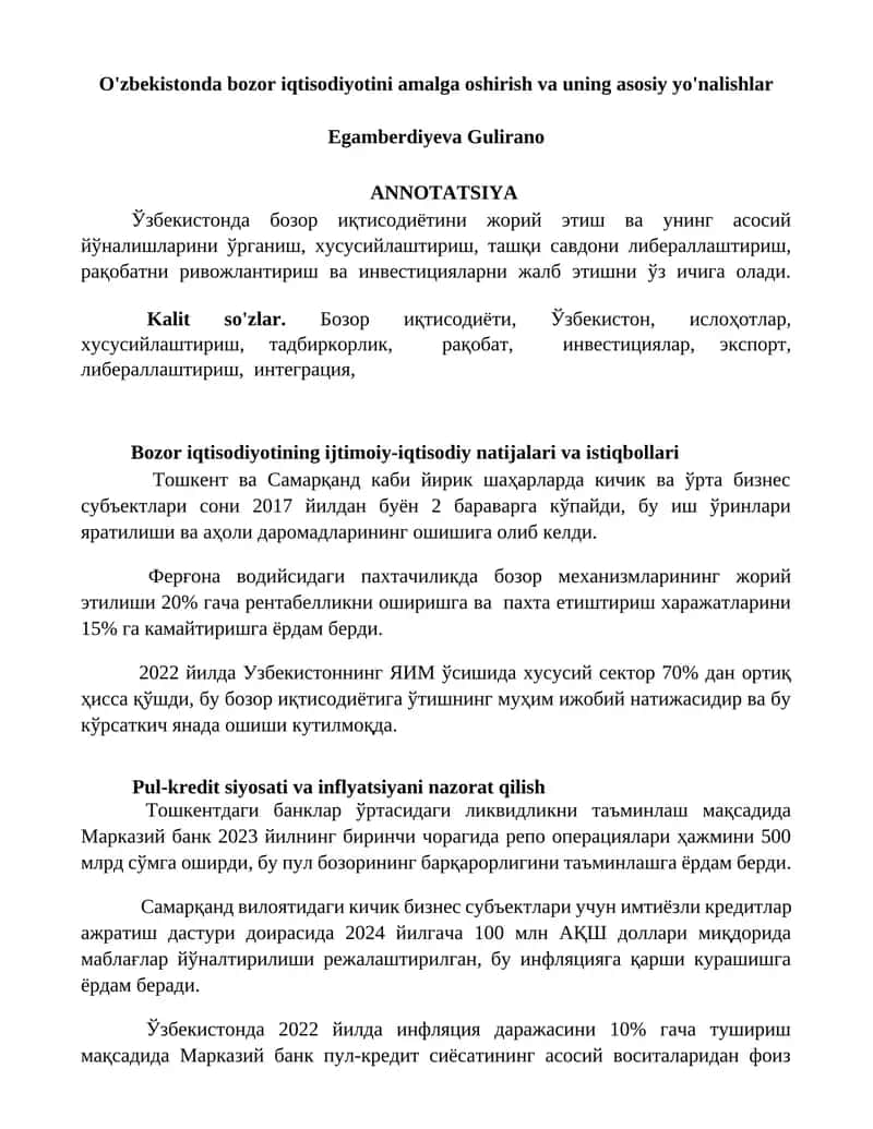 Bozor iqtisodiyotini amalga oshirish va uning asosiy yo'nalishlar 1