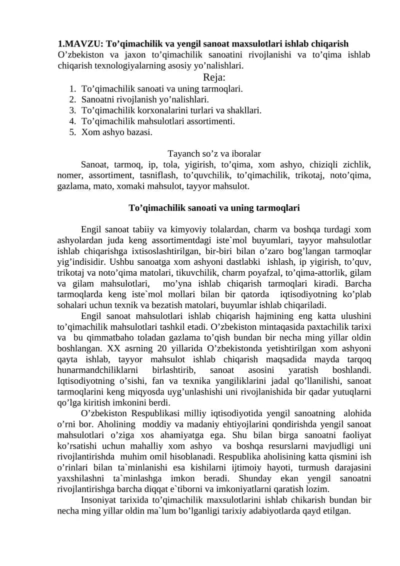 To’qimachilik va yengil sanoat maxsulotlari ishlab chiqarish 1