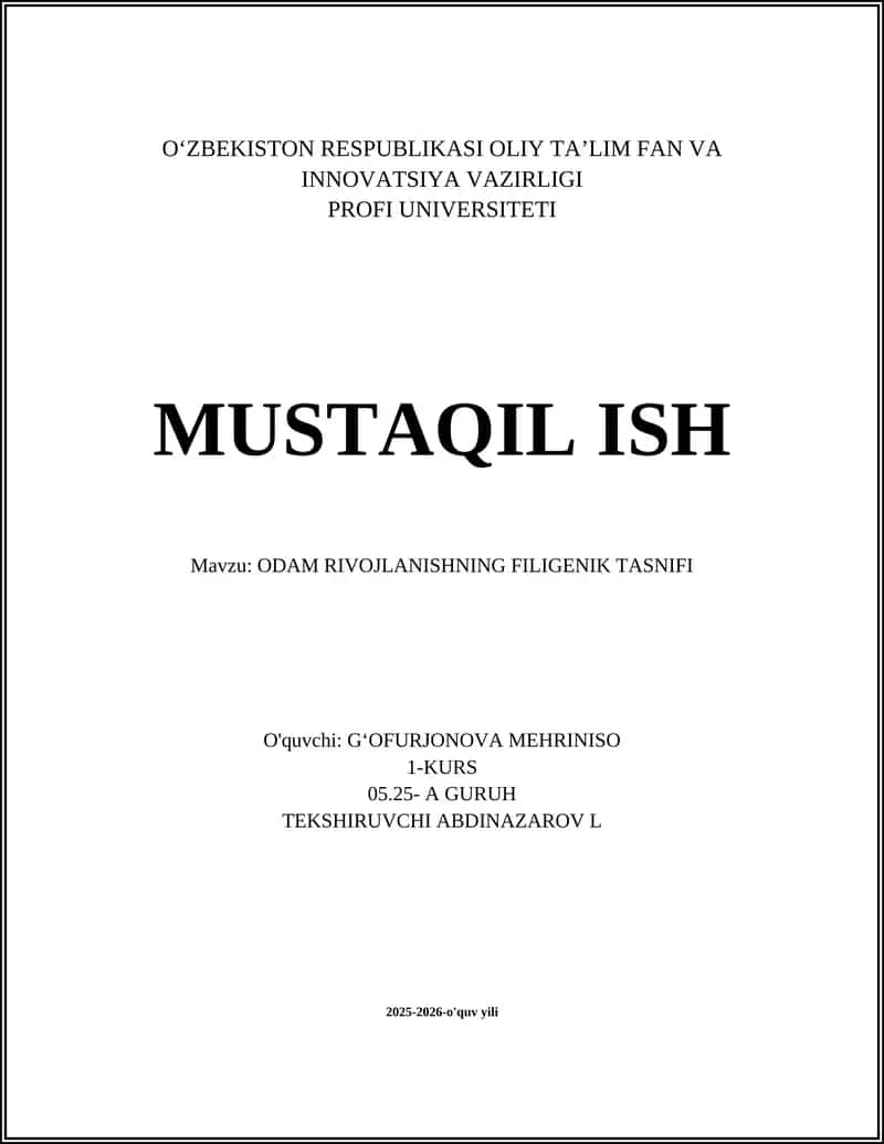 ODAM RIVOJLANISHNING FILIGENIK TASNIFI 1